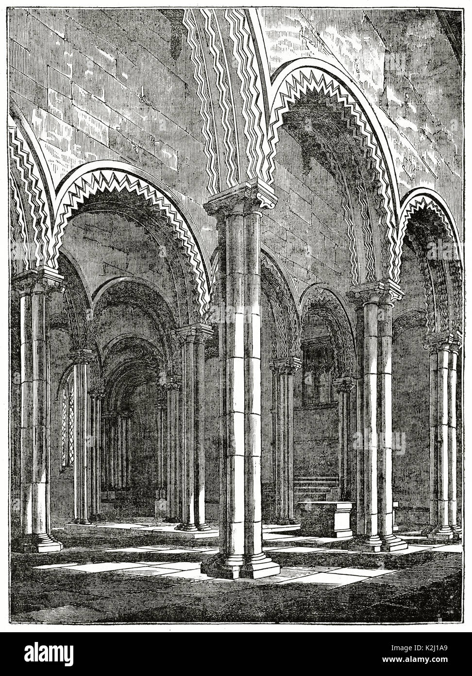 Alte Ansicht des Grabes von Beda Venerabilis, der Kathedrale von Durham, England. Von unbekannter Autor, auf Penny Magazine, London, 1835 veröffentlicht. Stockfoto