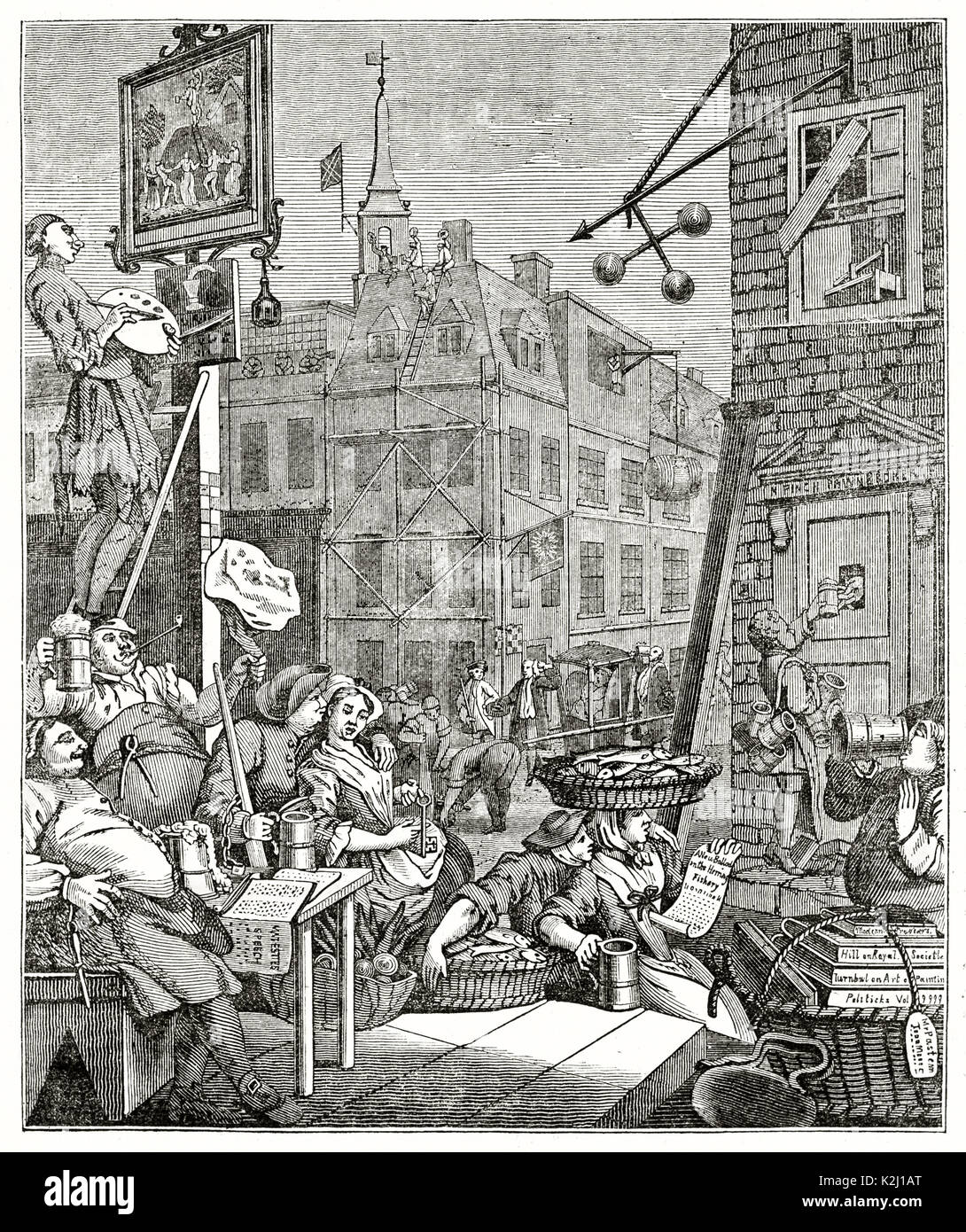Alte graviert Reproduktion eines Drucken berechtigt Bier Straße. Nach Hogarth, auf der Penny Magazine, London, 1835 veröffentlicht. Stockfoto
