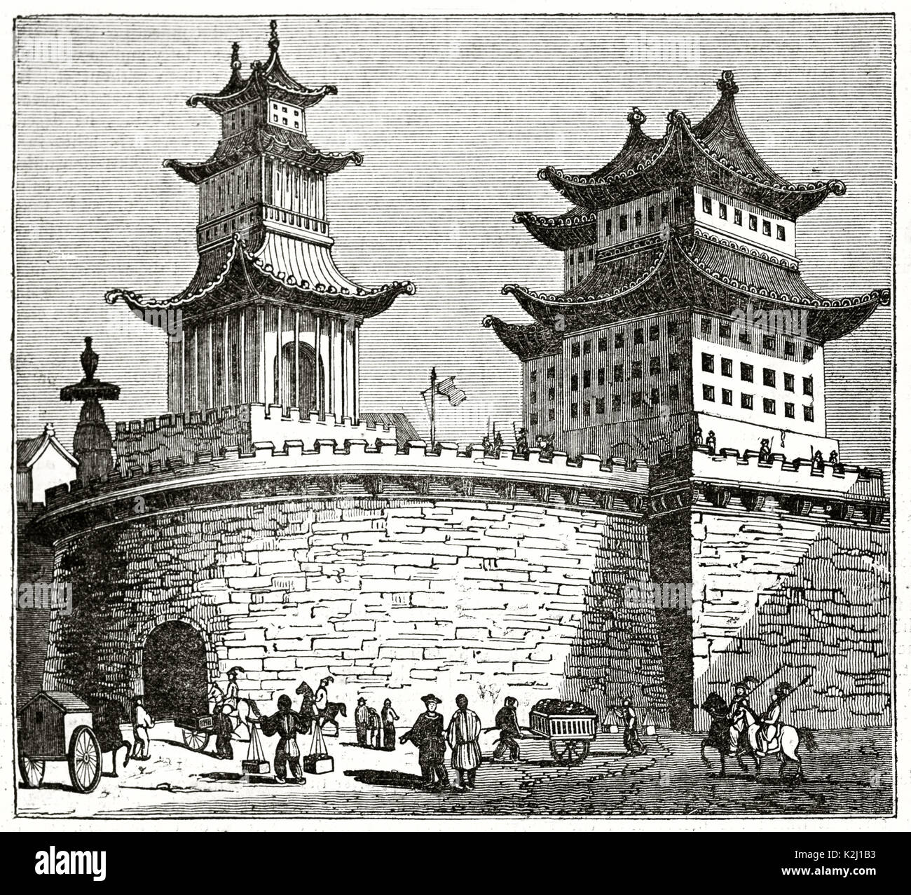 Alte Ansicht von North Gate in Peking, China. Von unbekannter Autor, auf der Penny Magazine, London, 1835 veröffentlicht. Stockfoto