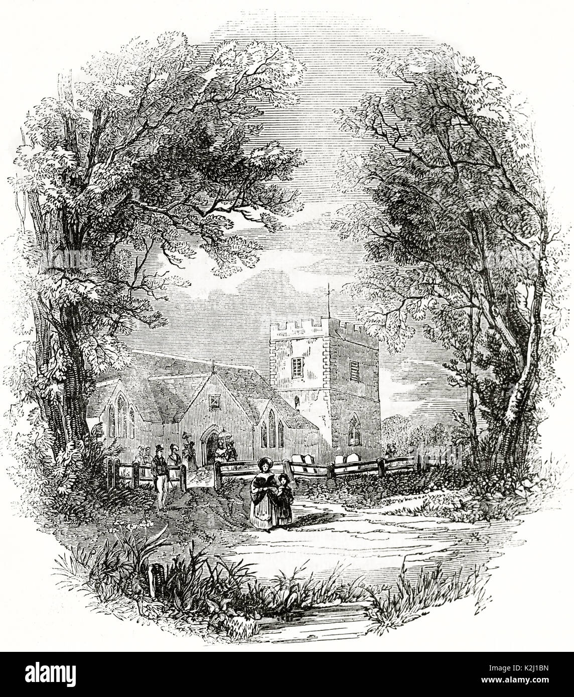 Alte Ansicht von Johannes der Täufer Kirche, Boldre, England. Durch unidentifilife boated Autor Penny Magazine, London, 1835 veröffentlicht. Stockfoto