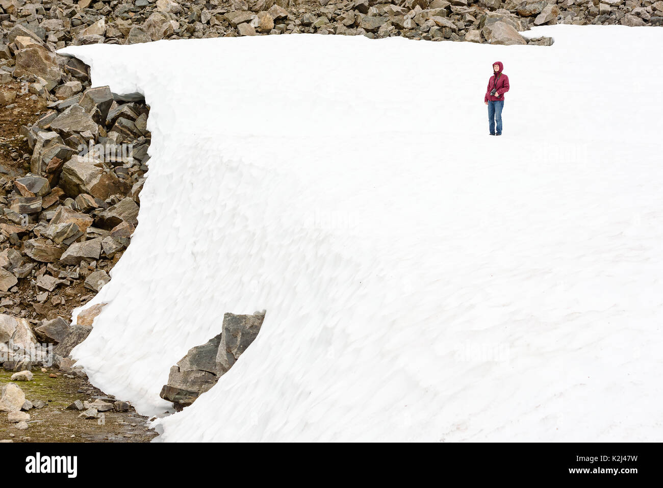 Junge erwachsene Frau stehend auf schmelzendem Eis mit der Kamera in der Hand. Felsen sichtbar, wo das Eis endet. Stockfoto