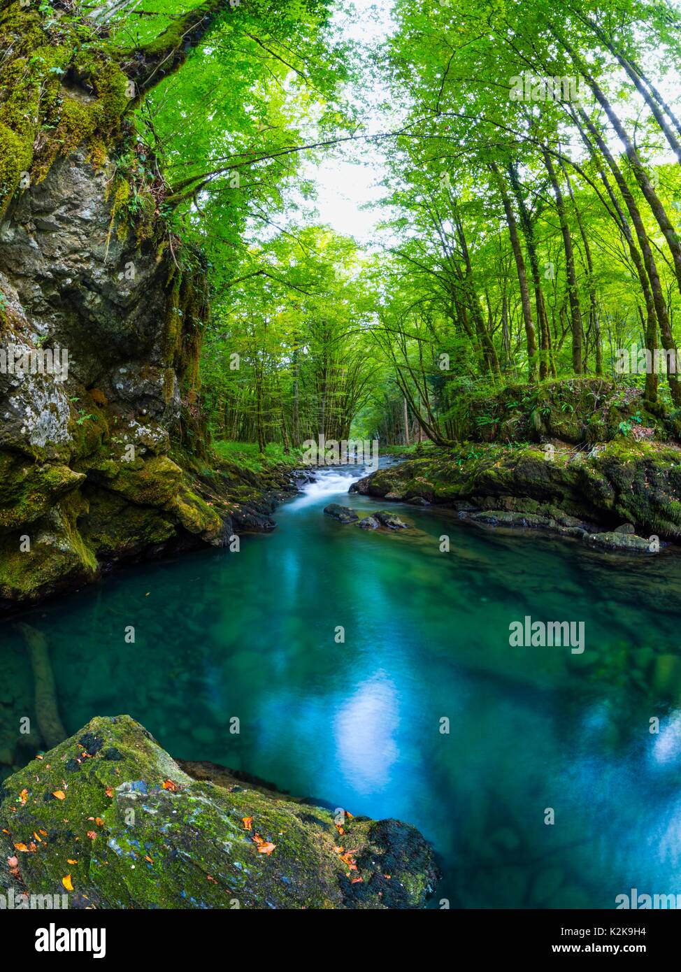 Schöne vertikale Landschaft natürliche Landschaft Provinz Gorski kotar in Kroatien Zeleni vir bei Skrad romantische Nostalgie nostalgisch fantastische Aussicht Stockfoto