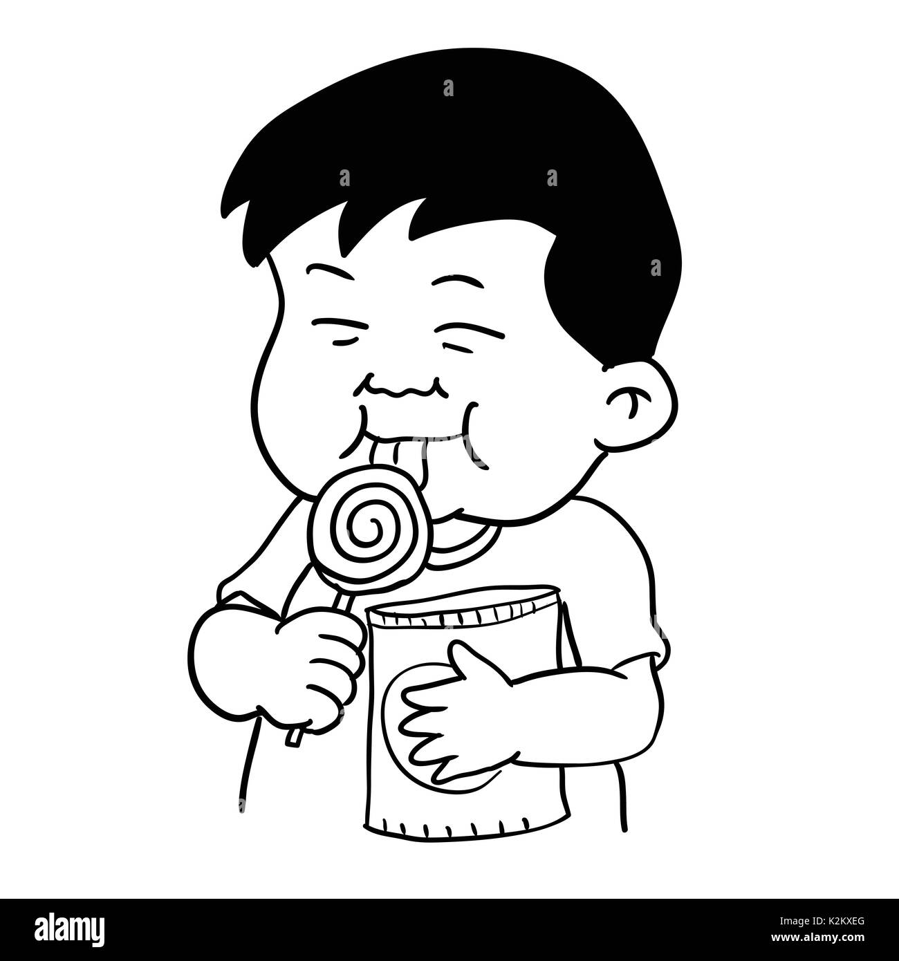 Hand Zeichnung der Fat Boy mit Snack und Lollipop auf weißem Hintergrund. Schwarz und Weiß eine einfache Linie Vektor Illustration für Malbuch-Line Stock Vektor