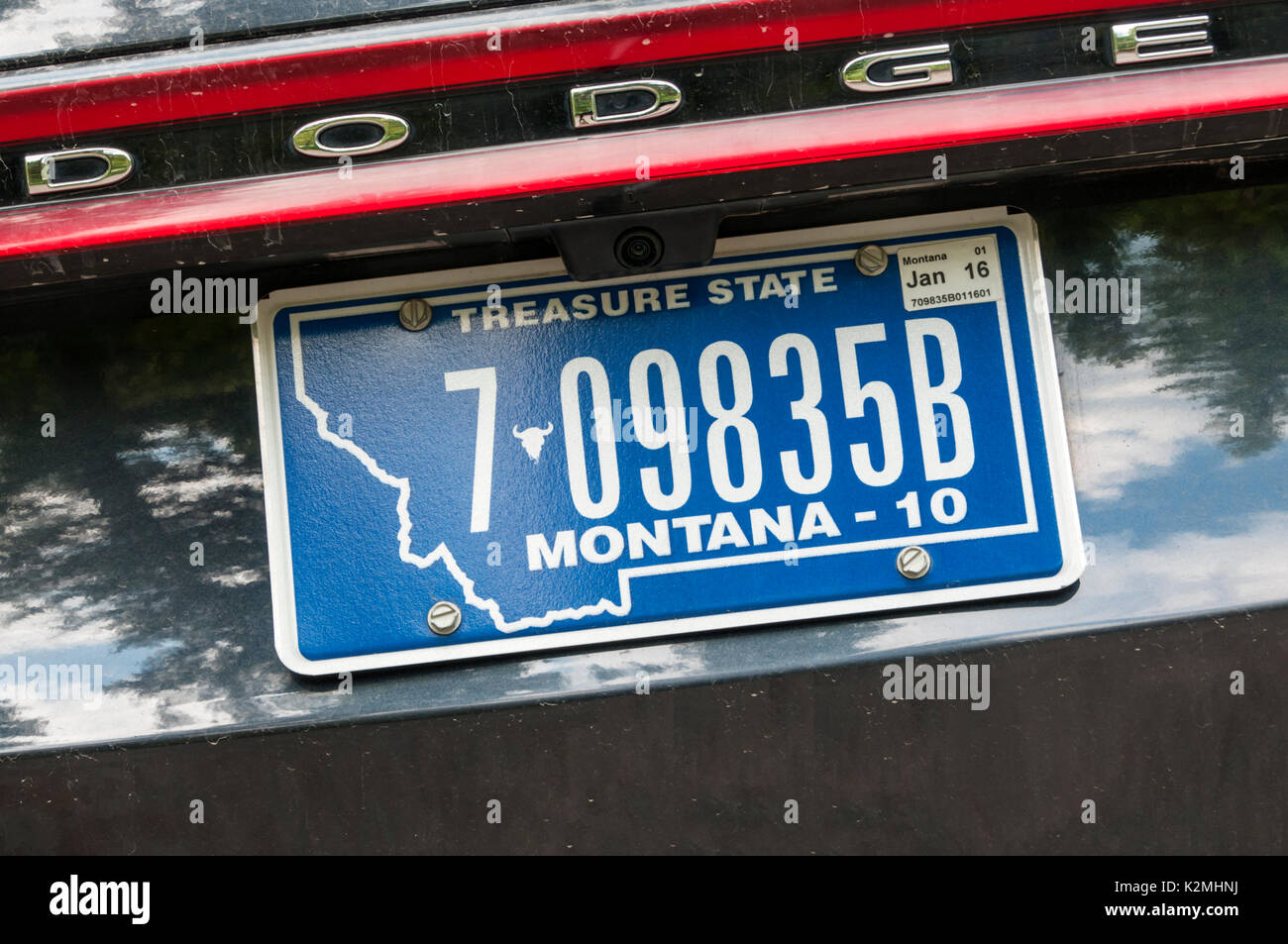 Montana License Plate auf einem Dodge Fahrzeug Stockfoto