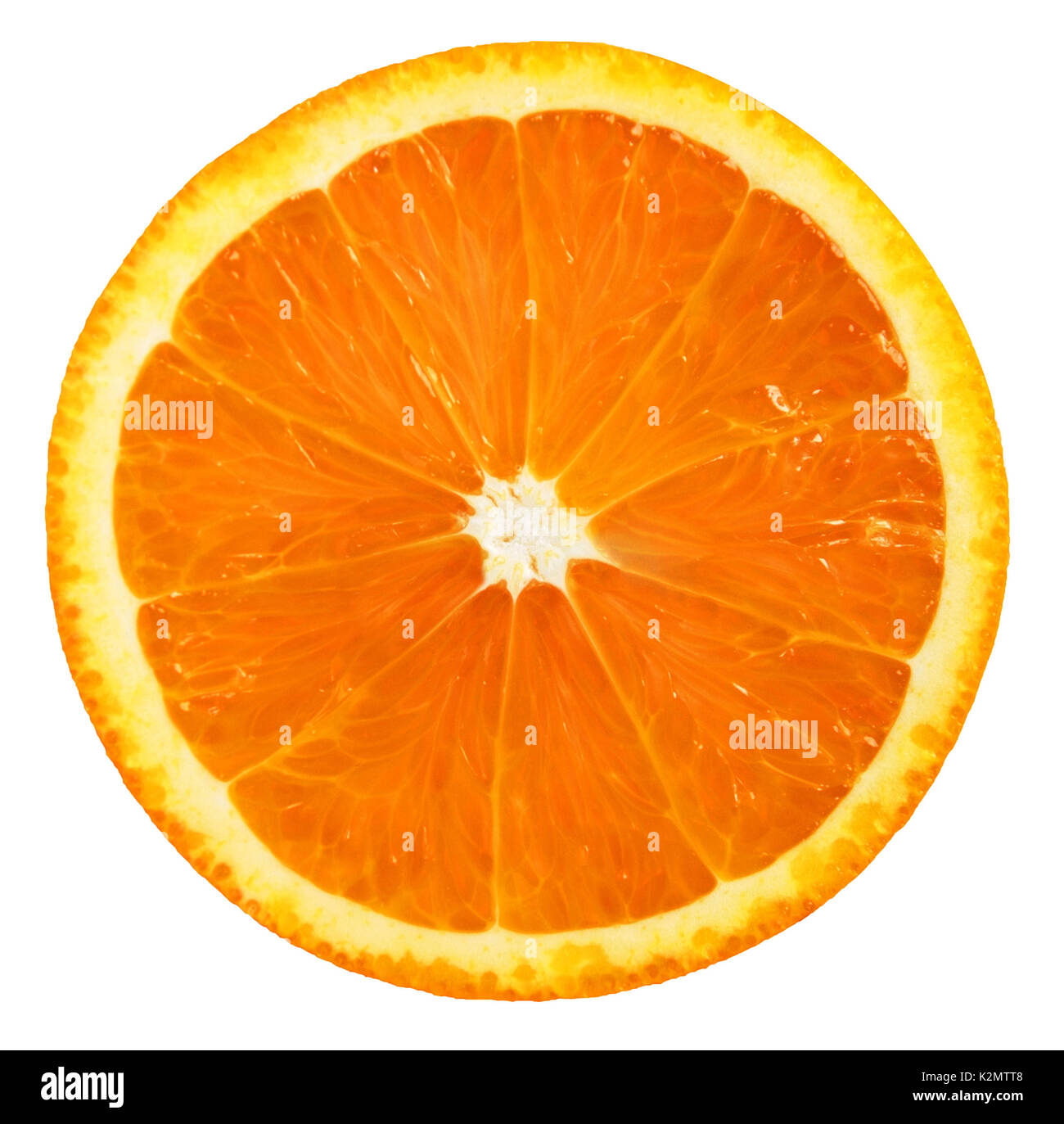 Orange Frucht. Orange Slice auf weißem Hintergrund. Ansicht von oben. Stockfoto