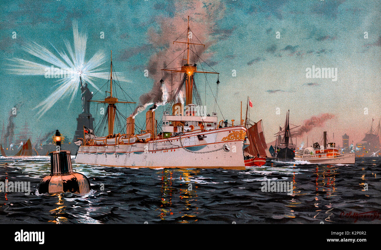 Kaiserin Augusta verlässt Newyork, Chromo-Lithographie von C. Saltzmann 95, nr 13 aus G. Wislicenus, unsre Kriegsflotte. Deutsche Kriegsschiff in den Hafen von New York, ca. 1895 Stockfoto