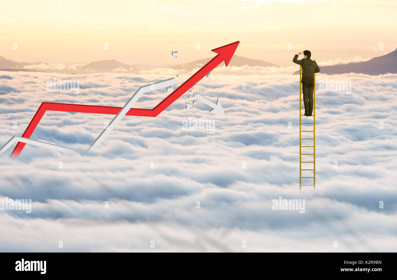 Geschäftsmann, Klettern, Leiter, Sky und Cloud mit zunehmender Grafik zu erreichen und gebrochen nicht Graph, erfolgreich Stockfoto