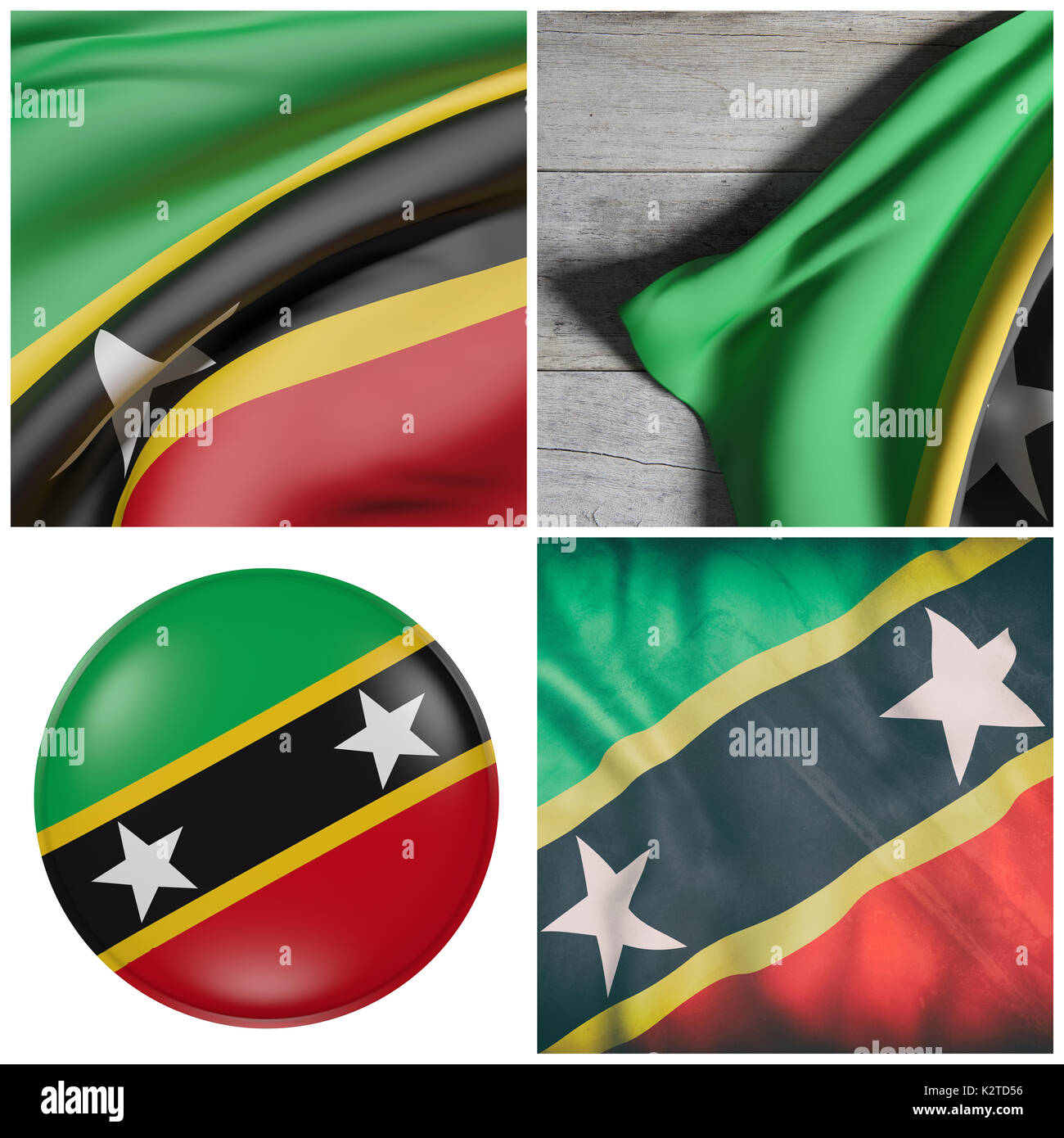 Zusammensetzung von 3D-rendering Föderation von Saint Christopher und Nevis Fahnen schwenkten Stockfoto