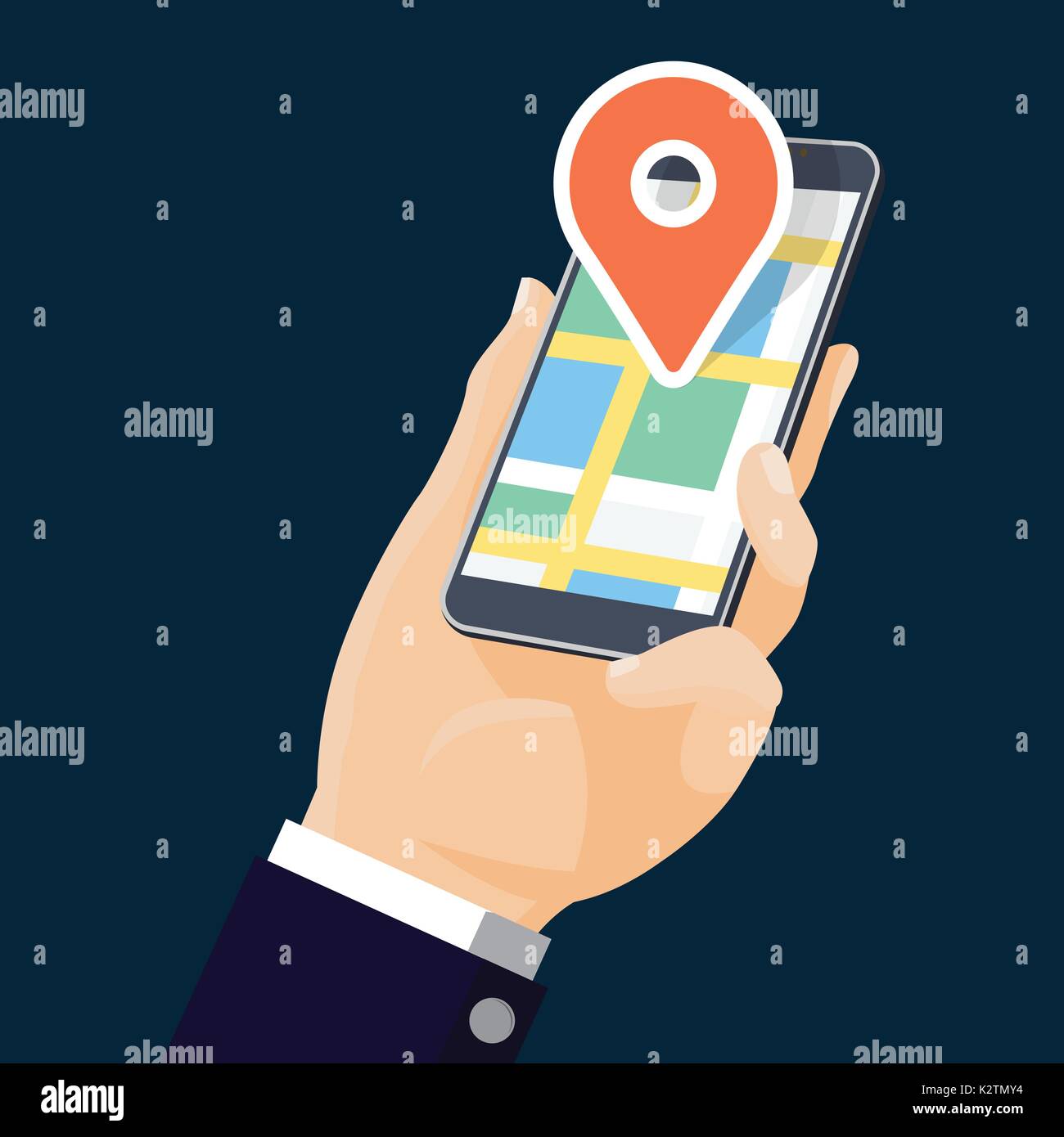 Hand mit mobilen GPS-Navigation und Pin Symbol auf dem Bildschirm - Flaches Design Vector Illustration smartphone Stock Vektor