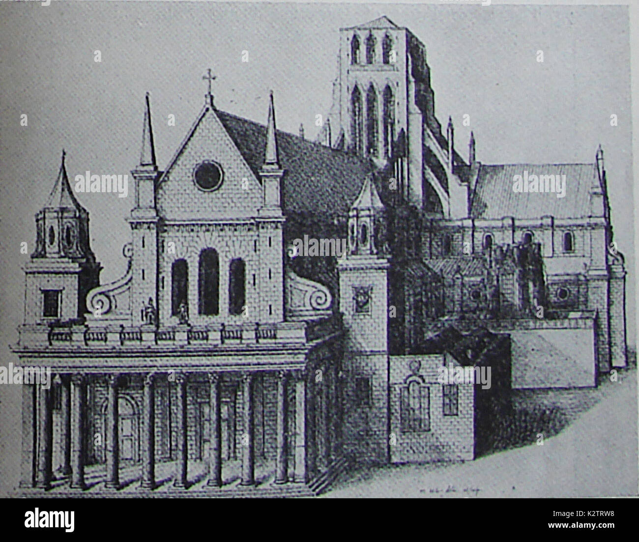 Architektonische Zeichnung der alten St. Paul's Kathedrale, bevor es durch den großen Brand von London 1666 zerstört (Hinweis: Es ist nicht der große Turm für berühmt war Show war) Stockfoto