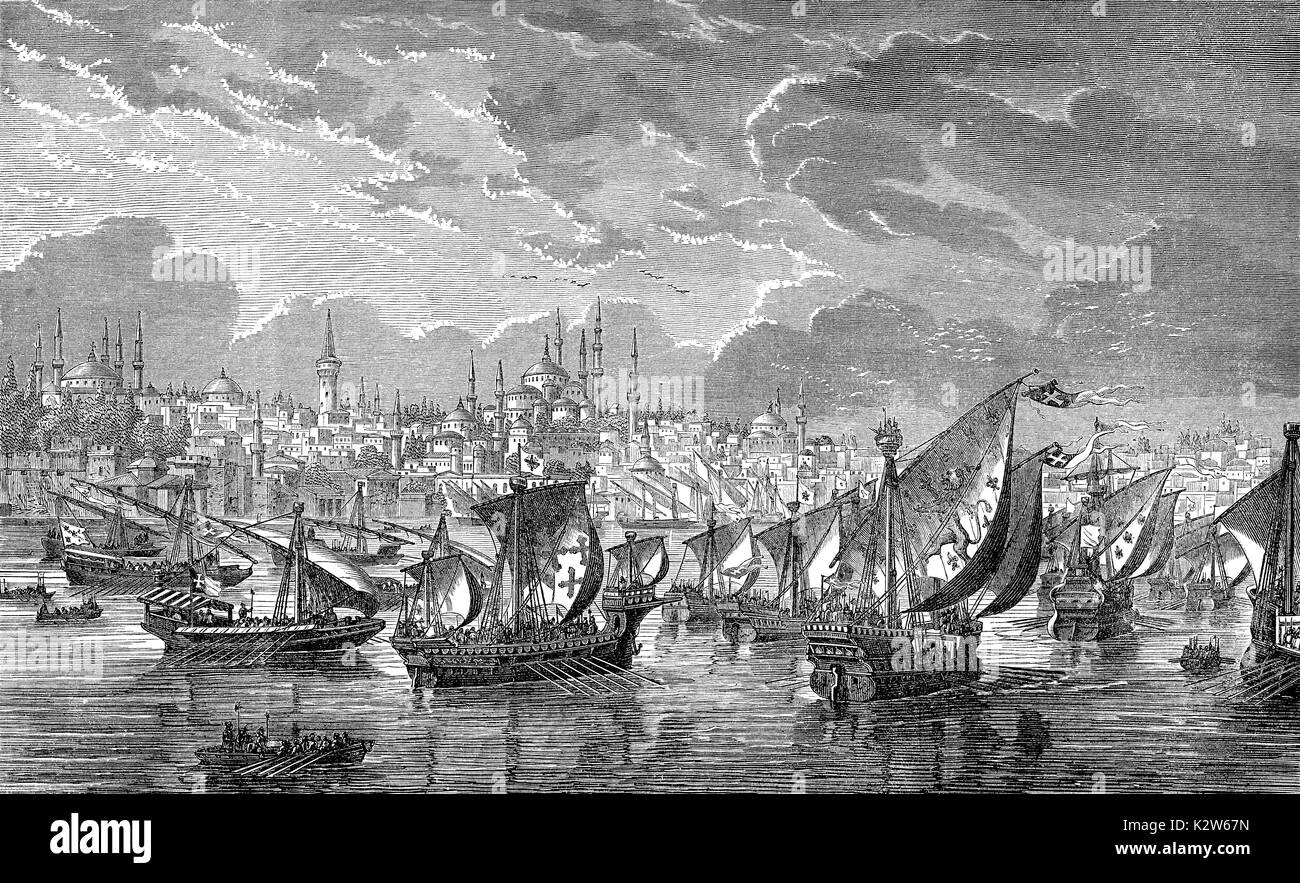 Die Flotte der Kreuzfahrer vor Konstantinopels während des Vierten Kreuzzuges im 1203, Riva River, Türkei Stockfoto