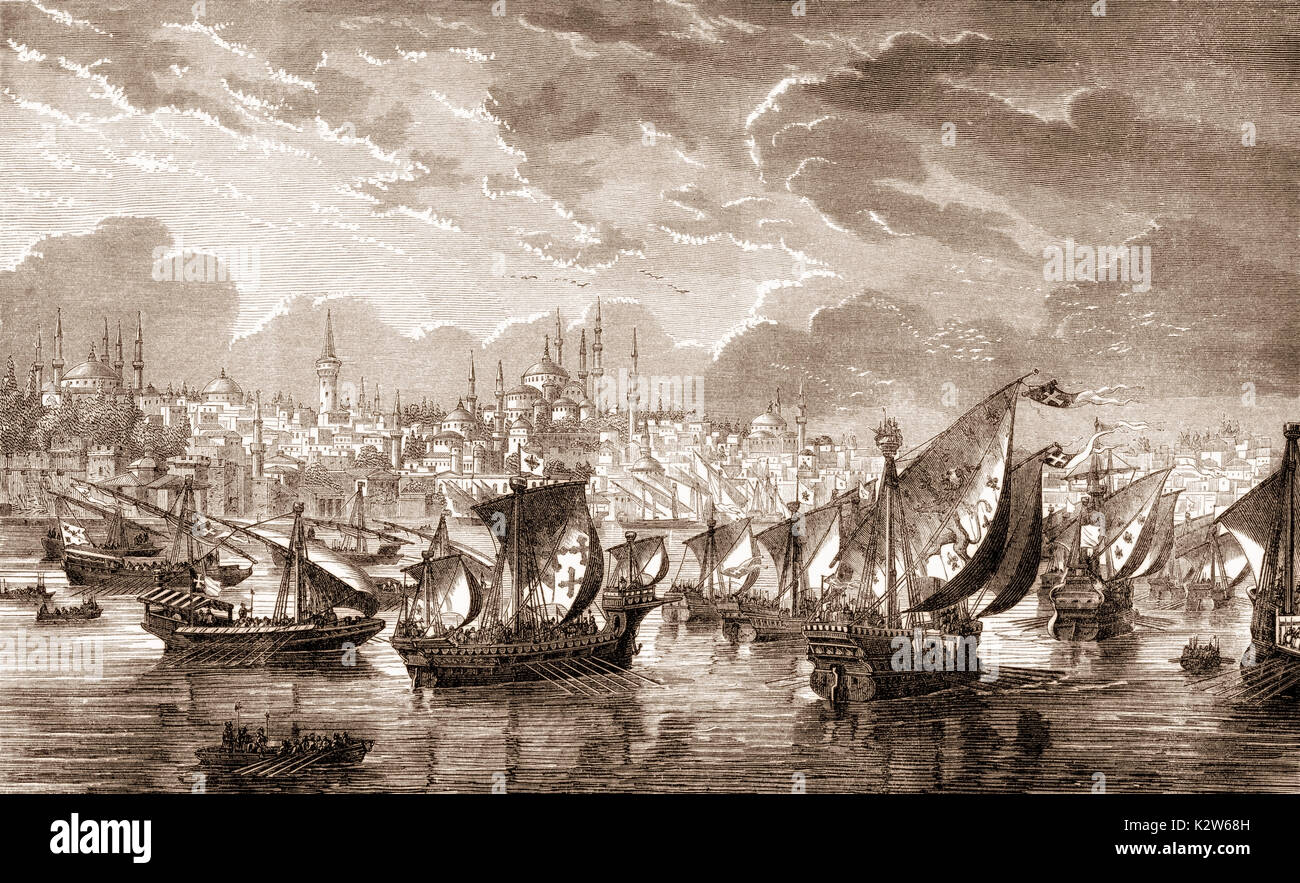 Die Flotte der Kreuzfahrer vor Konstantinopels während des Vierten Kreuzzuges im 1203, Riva River, Türkei Stockfoto