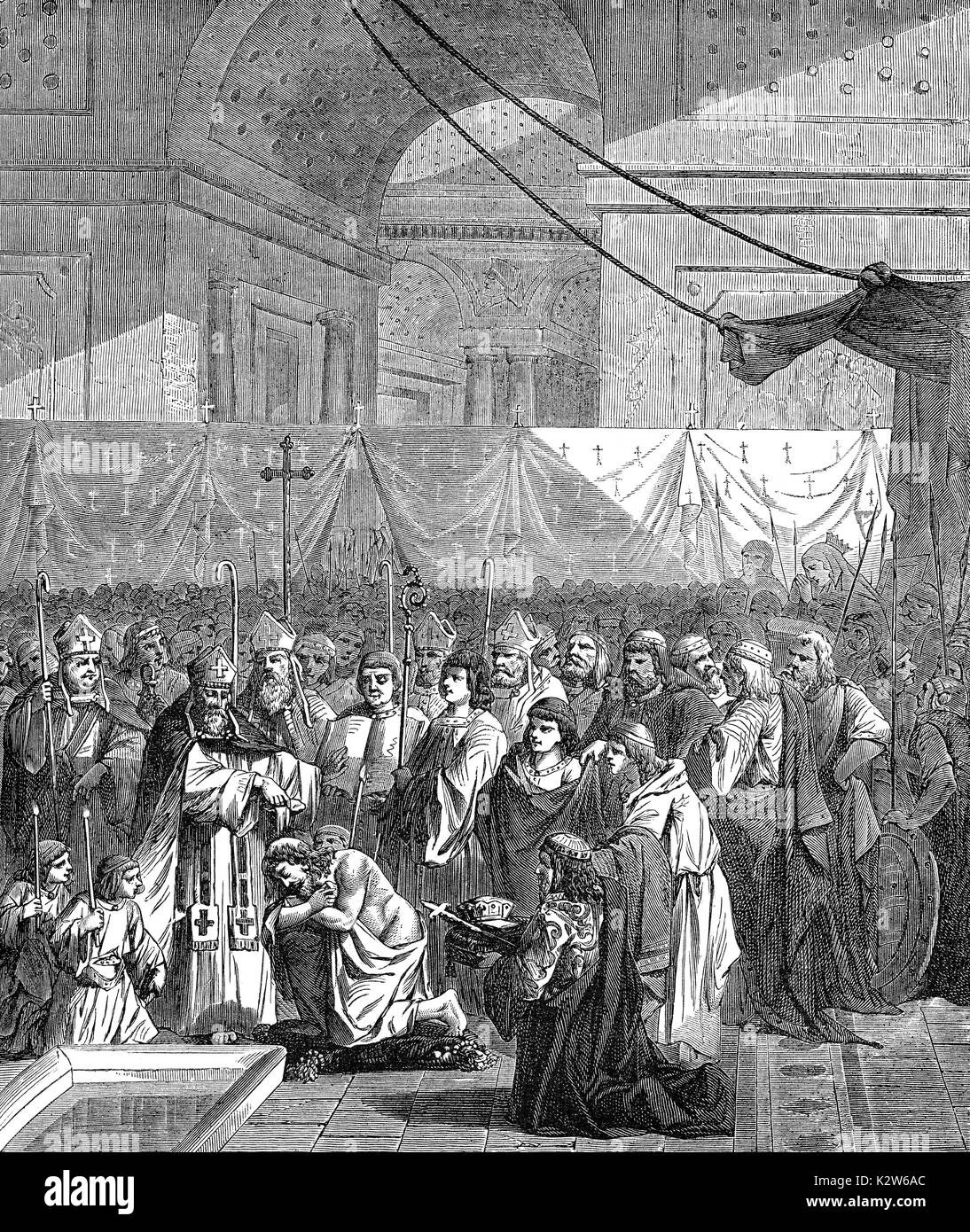 St. Remigius tauft Chlodwig I., König der Franken, Abtei von Saint-Remi in Reims, am 25. Dezember 496 Stockfoto