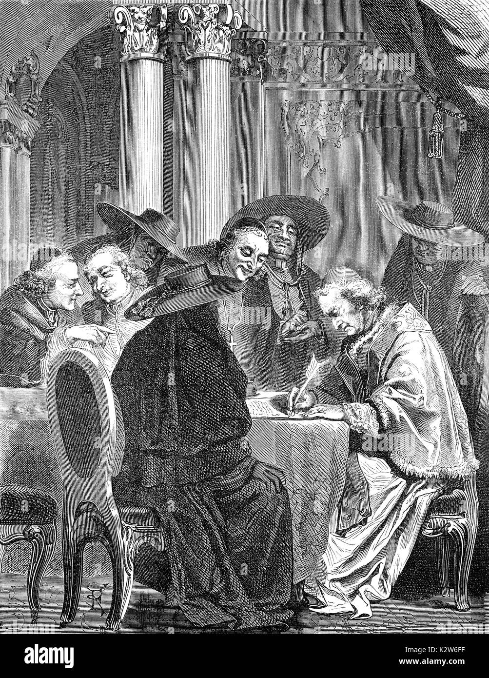 Papst Clemens XIV. unterdrückt die Gesellschaft Jesu durch die Unterzeichnung des Päpstlichen kurze Dominus ac Redemptor am 21. Juli 1773 Stockfoto