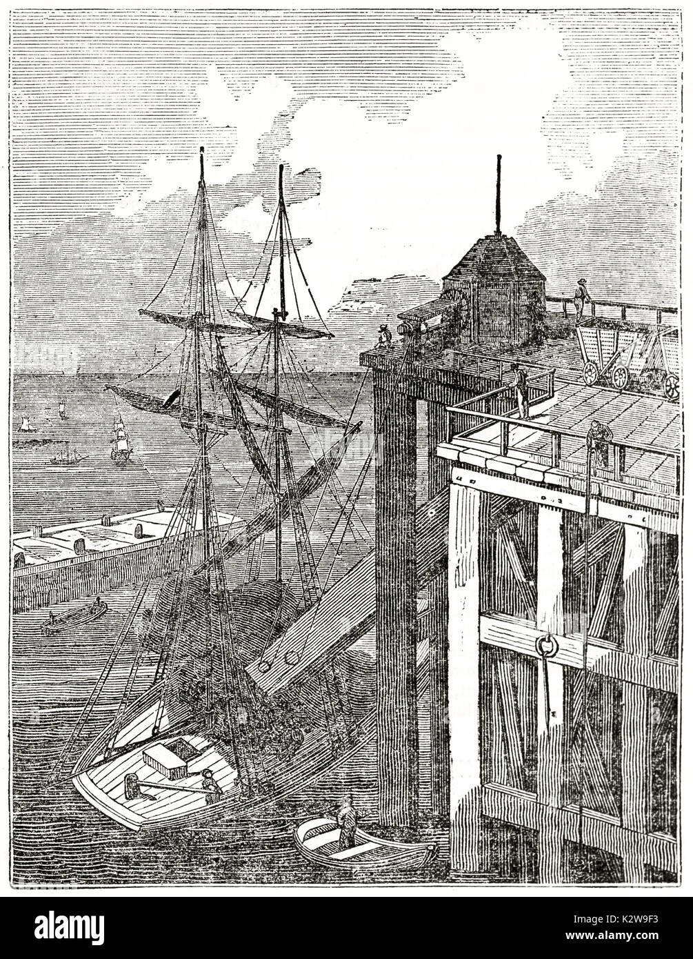 Alte Abbildung: Einlegen von Kohle auf einem Schiff im Seaham Hafen, England. Von unbekannter Autor, auf Penny Magazine, London, 1835 veröffentlicht. Stockfoto