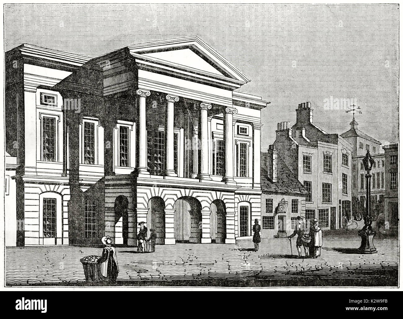 Alte Ansicht von Derby Town-Hall, England. Von unbekannter Autor, auf der Penny Magazine, London, 1835 veröffentlicht. Stockfoto
