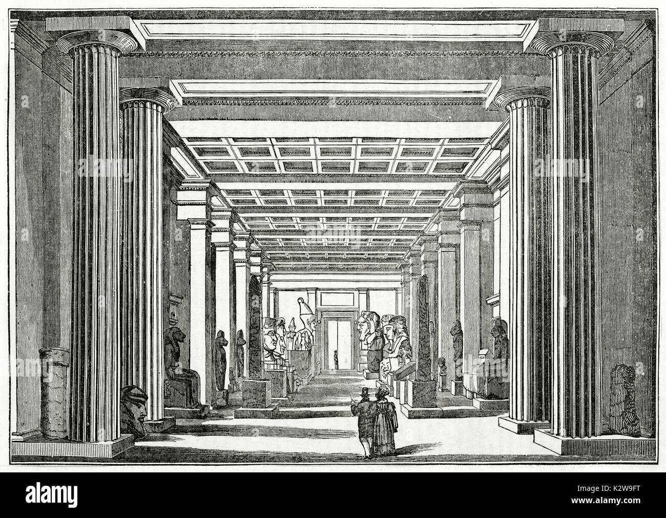 Alte Ansicht der Ägyptischen Zimmer im British Museum, London. Von unbekannter Autor, auf Penny Magazine, London, 1835 veröffentlicht. Stockfoto