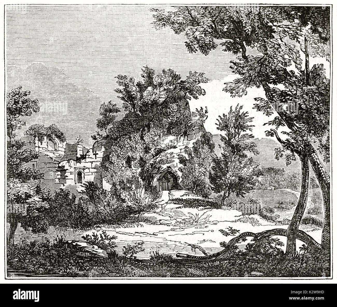 Alte Ansicht von Goodrich Castle Ruins, England. Von unbekannter Autor, auf Penny Magazine, London, 1835 veröffentlicht. Stockfoto