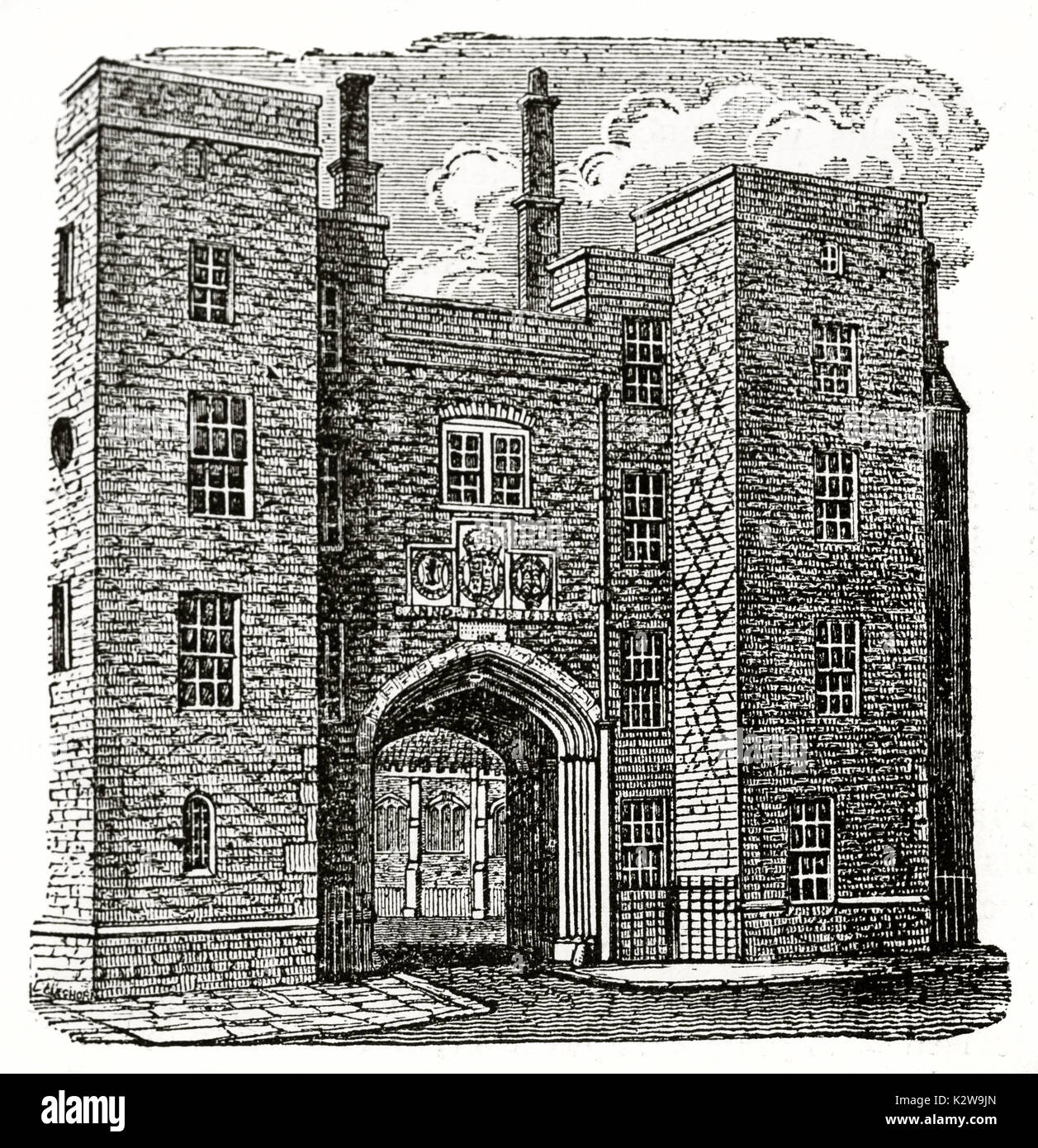 Alte Ansicht von Lincoln's Inn Gateway in Chancery Lane, London. Von unbekannter Autor, auf der Penny Magazine, London, 1835 veröffentlicht. Stockfoto