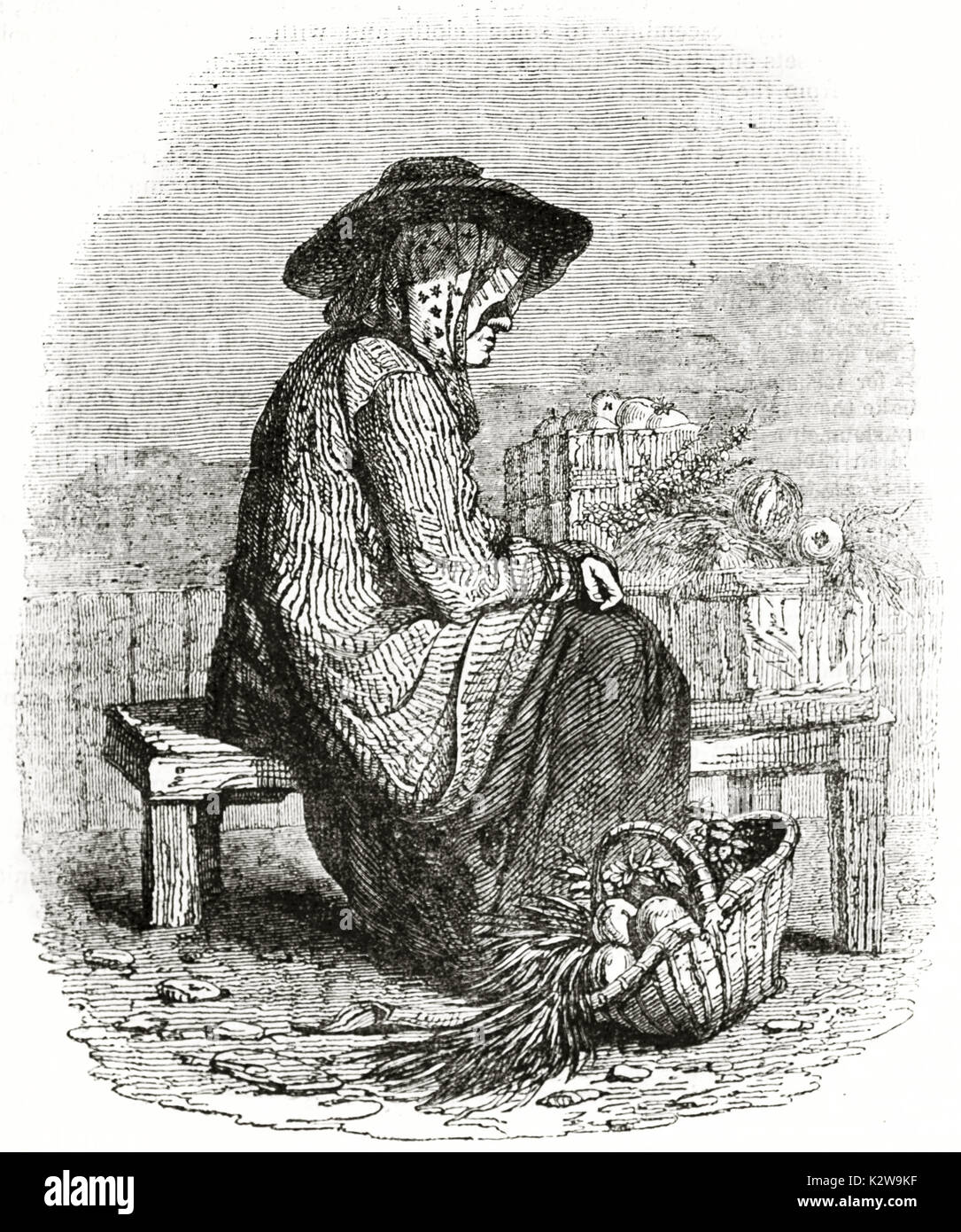 Alte Illustration einer normannischen Frau Verkauf von Obst. Von unbekannter Autor, auf Penny Magazine, London, 1835 veröffentlicht. Stockfoto