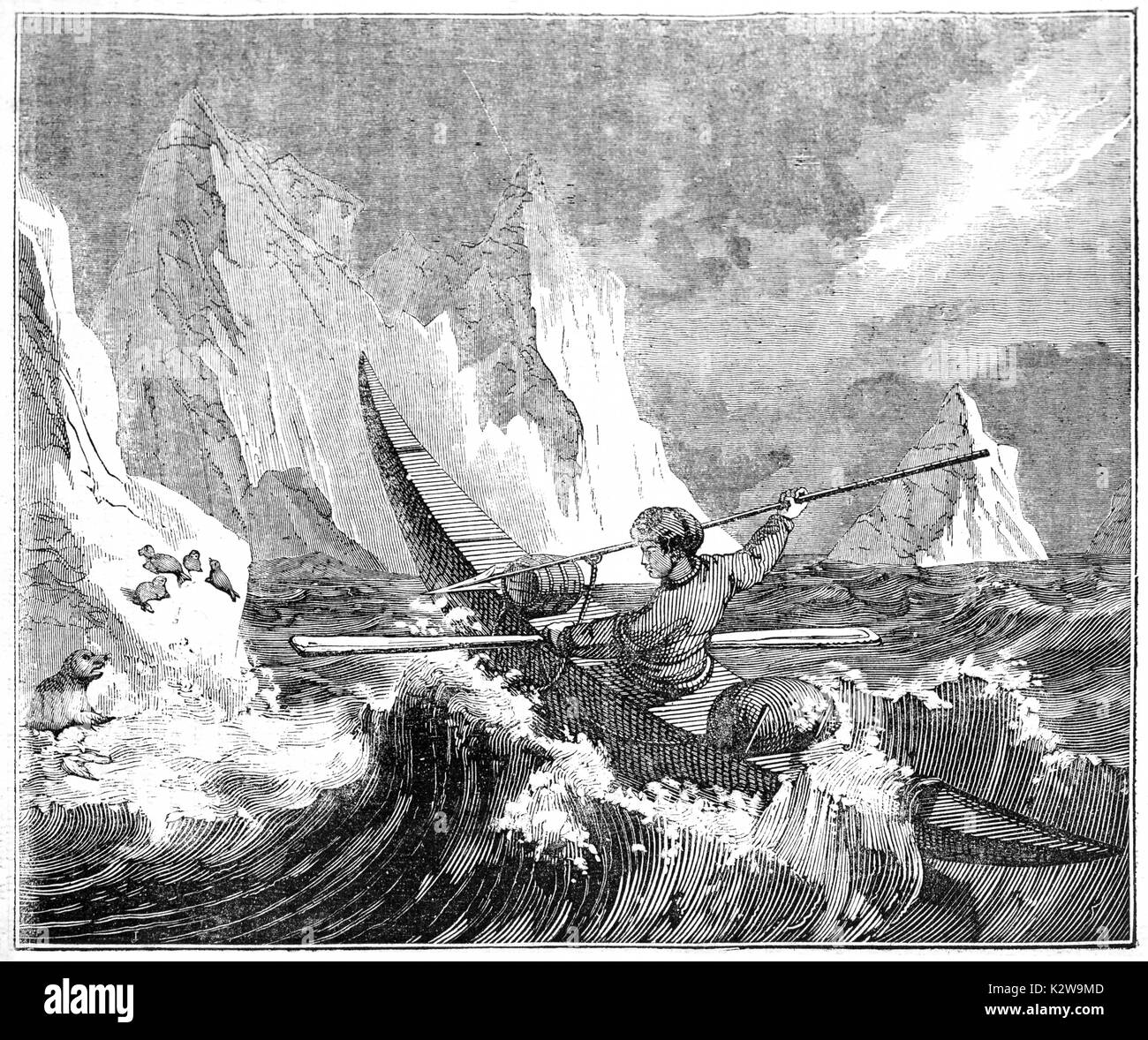 Alte Abbildung: Mann Robbenjagd in ein Kanu (Grönland). Von unbekannter Autor, auf Penny Magazine, London, 1835 veröffentlicht. Stockfoto