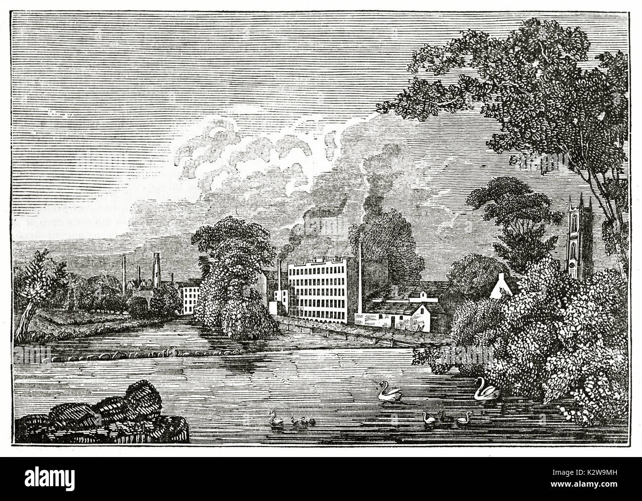 Alte Ansicht von Sir Thomas Lombe der Seide - Mühle in Derby, England. Von unbekannter Autor, auf der Penny Magazine, London, 1835 veröffentlicht. Stockfoto