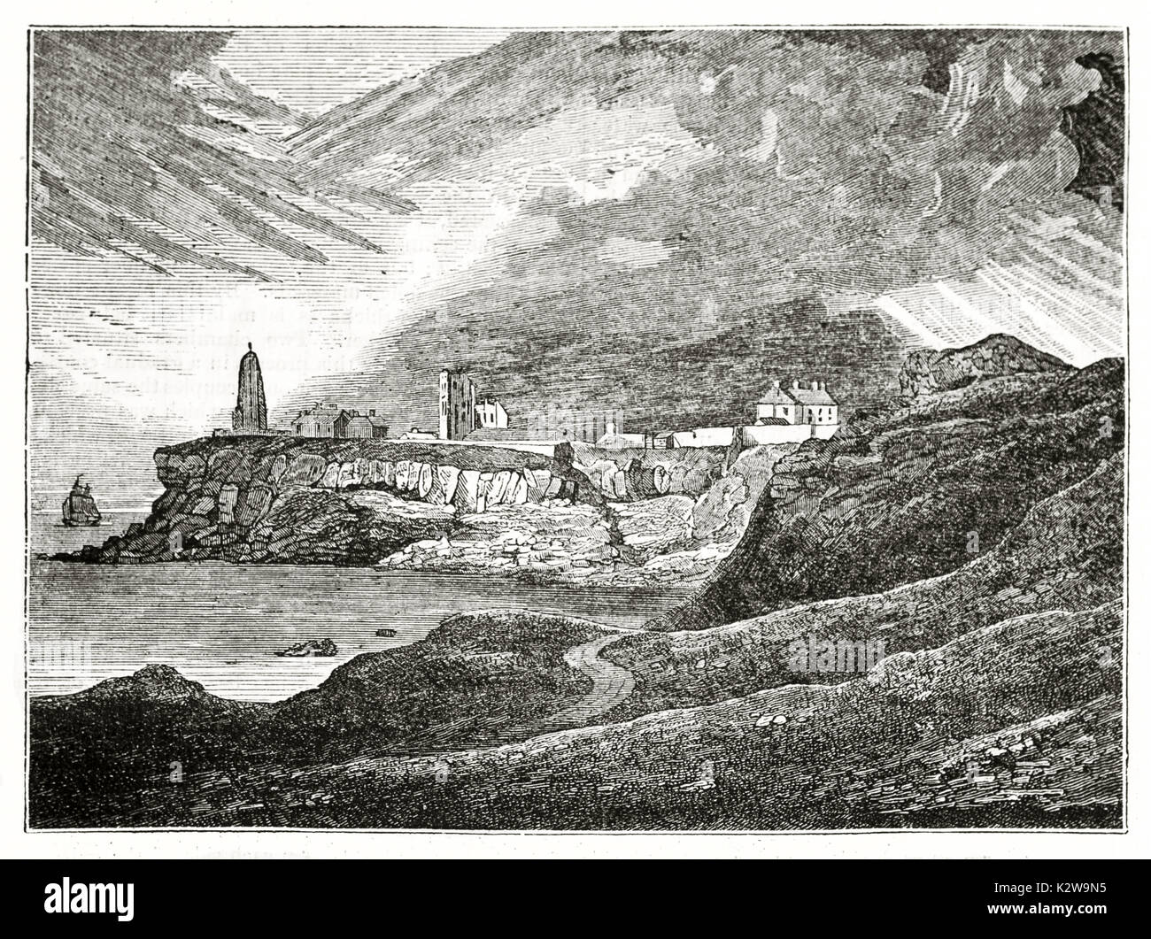 Alte Ansicht von Tynemouth Cliff, Leuchtturm, Priorat und Baracke, England. Von unbekannter Autor, auf Penny Magazine, London, 1835 veröffentlicht. Stockfoto