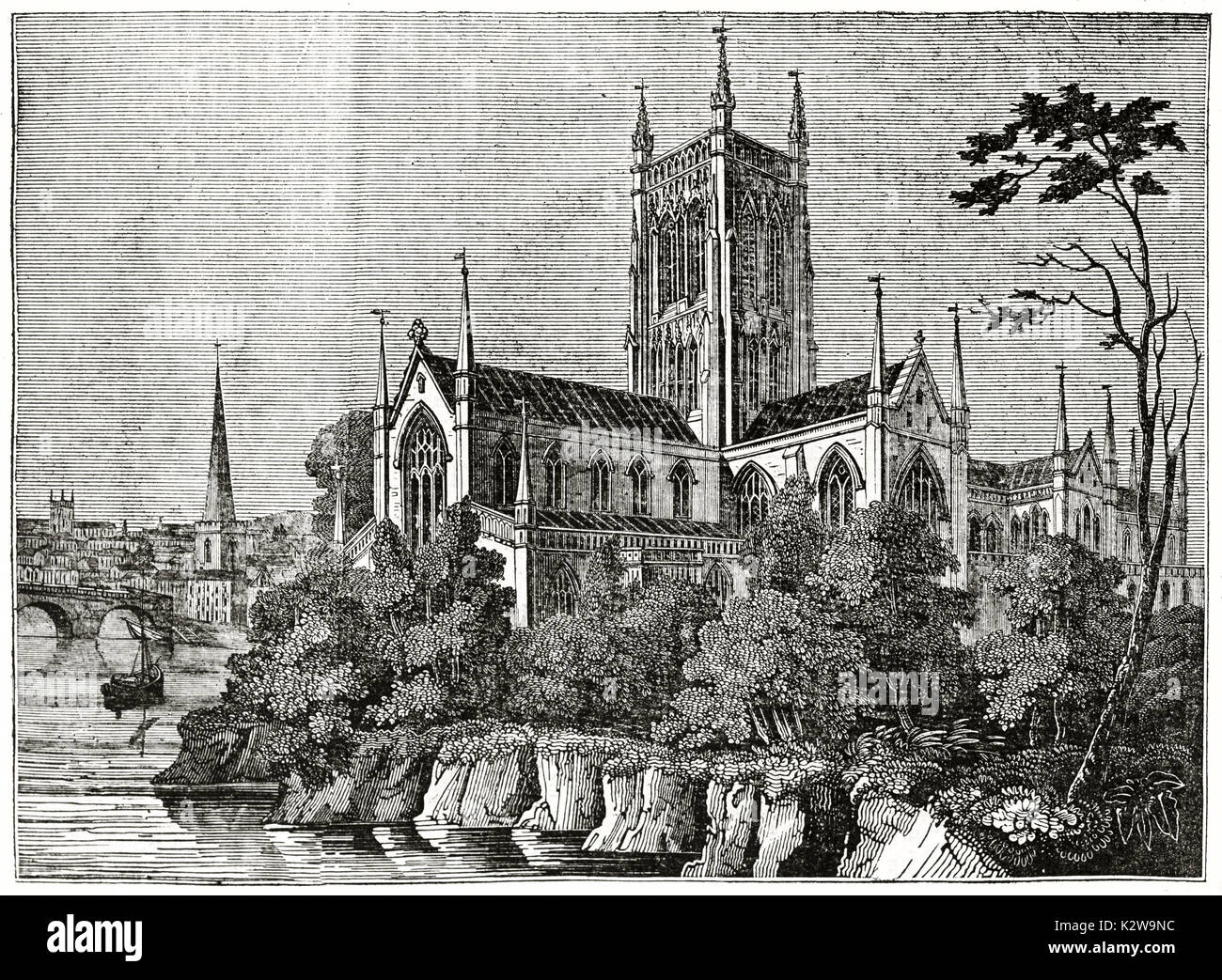 Alte Ansicht der Kathedrale von Worcester, England. Von unbekannter Autor, auf Penny Magazine, London, 1835 veröffentlicht. Stockfoto