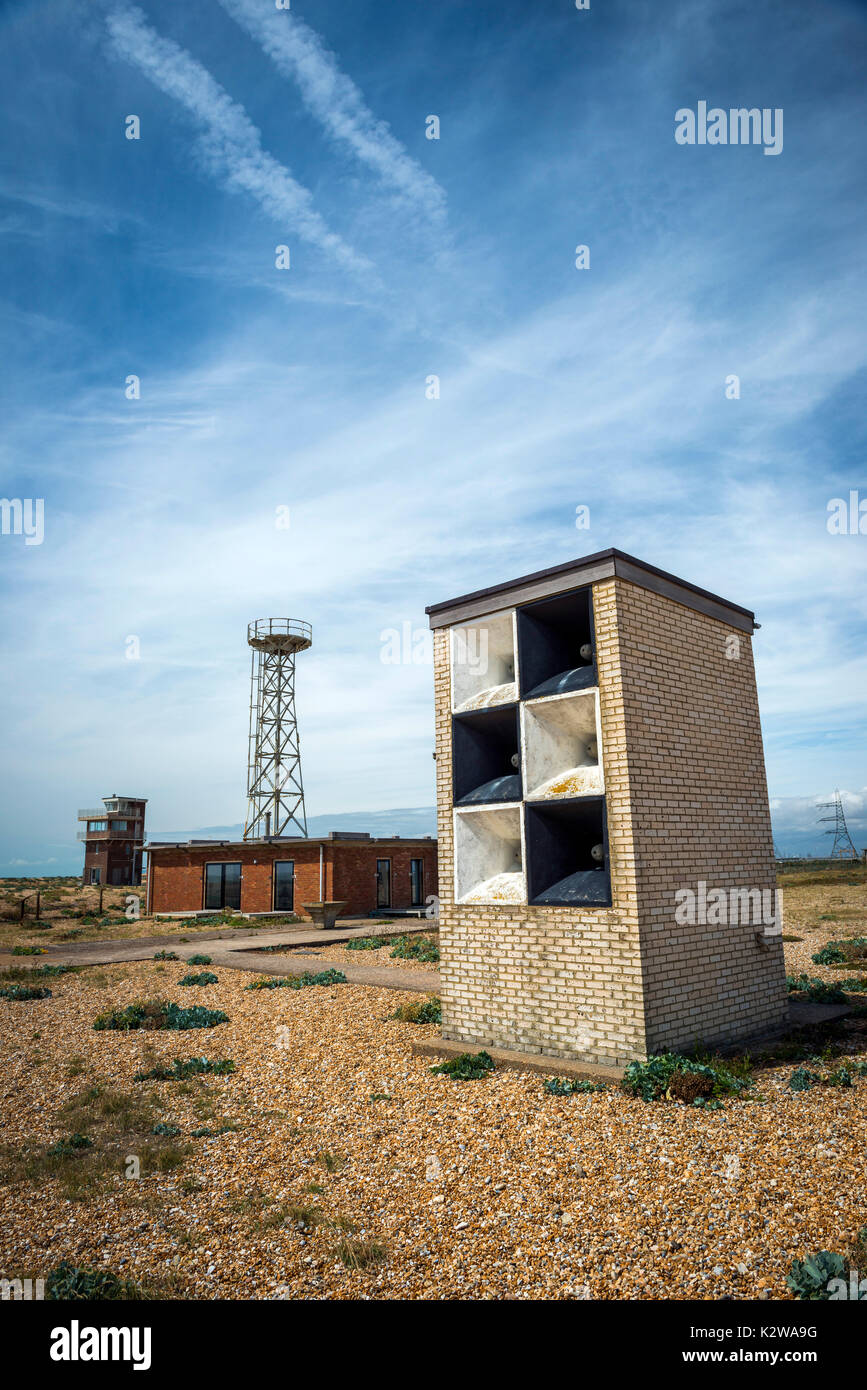 Nebelhorn Gebäude auf der Landspitze von Dungeness, Kent, Großbritannien Stockfoto