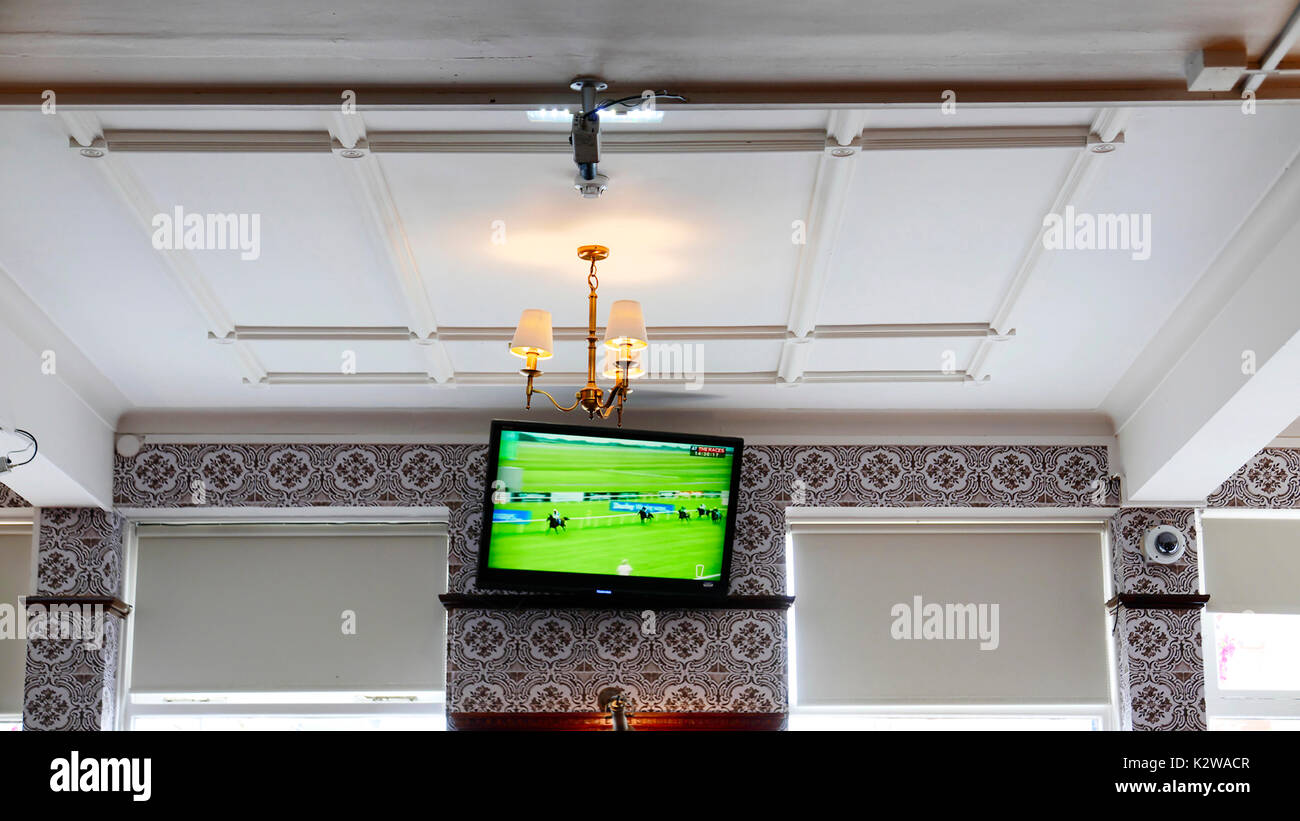 Einfarbige Einrichtung des Pub-Innenraums mit an der Wand montiertem Fernseher, der Pferderennen zeigt Stockfoto