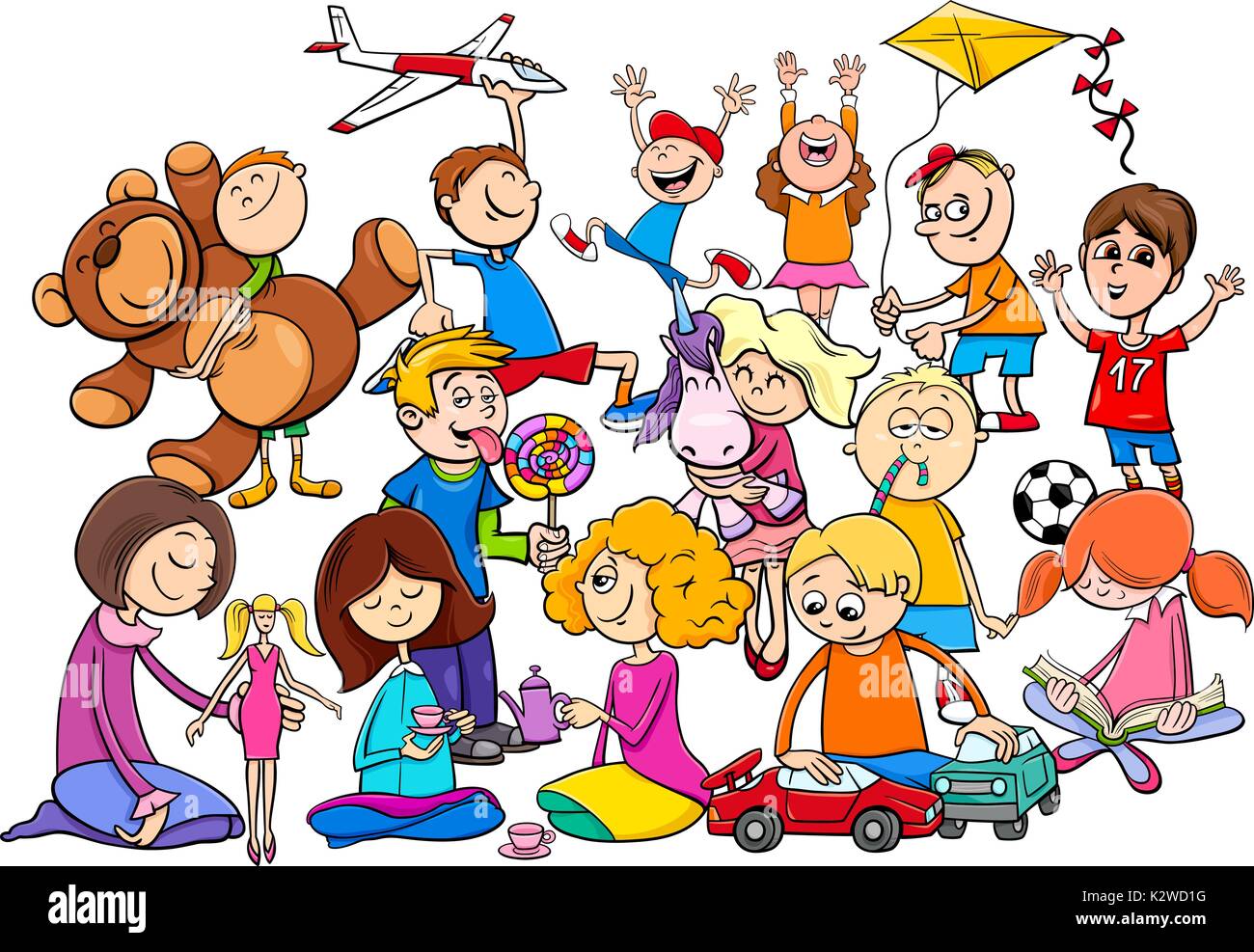 Cartoon Illustration von Kindern Zeichen Gruppe mit Spielzeug spielen Stock Vektor