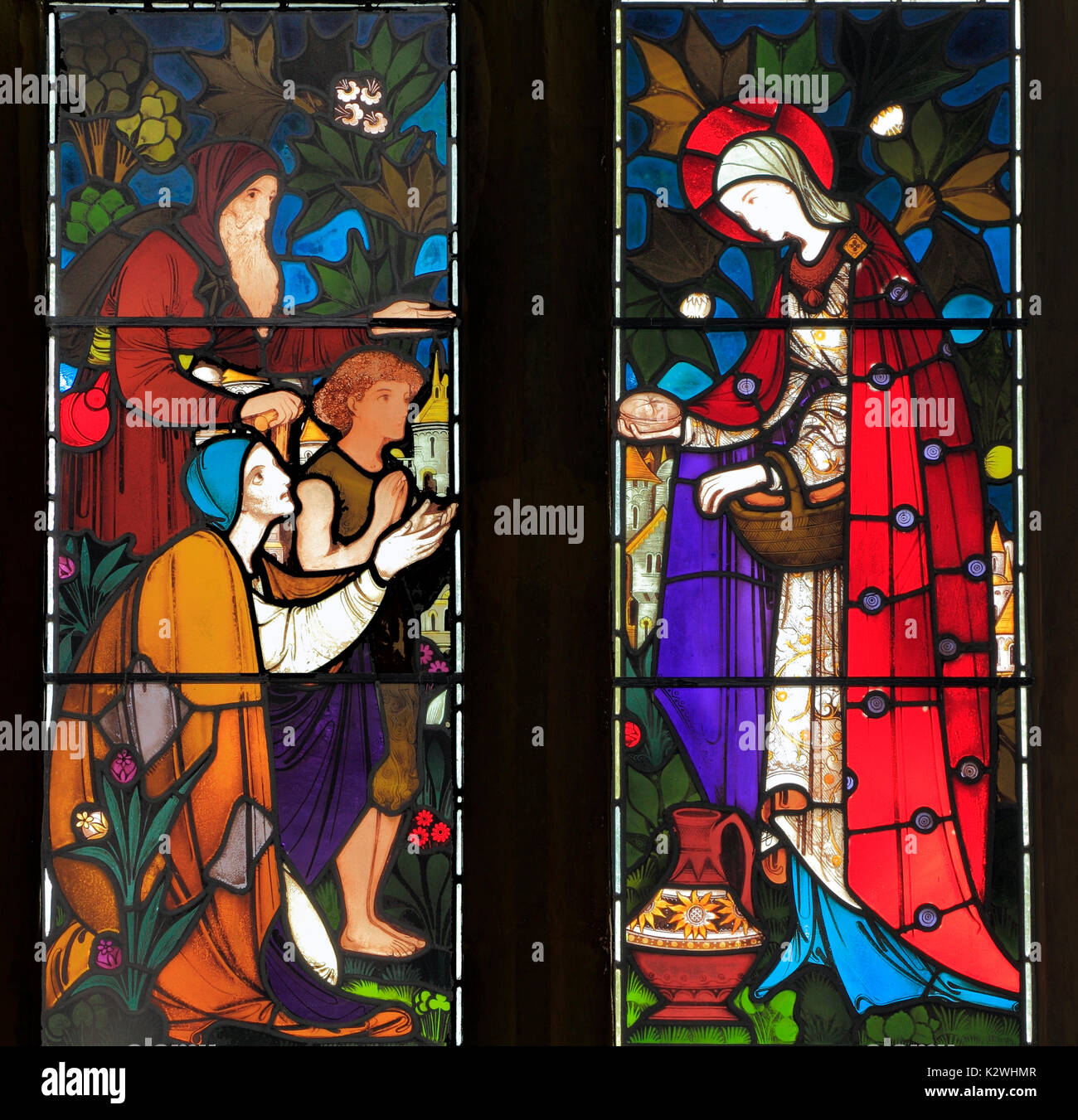 Taten der Barmherzigkeit, das Füttern der hungrigen, Glasfenster, Heaton Butler & Bayne 1863, Dunton, Norfolk, England, Großbritannien Stockfoto