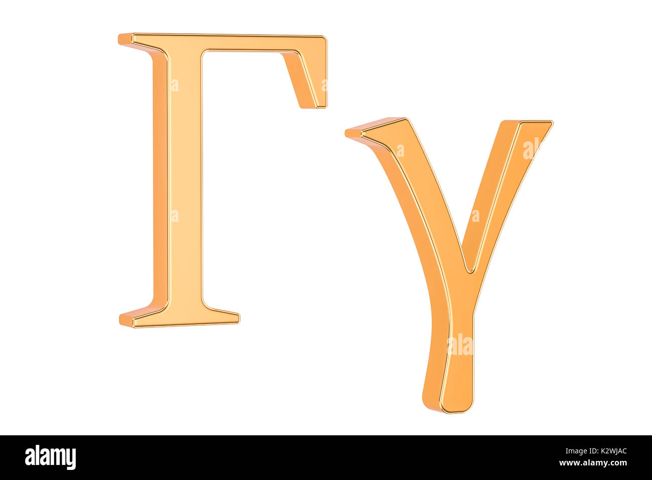 Golden griechischen Buchstaben Gamma, 3D-Rendering auf weißem Hintergrund Stockfoto