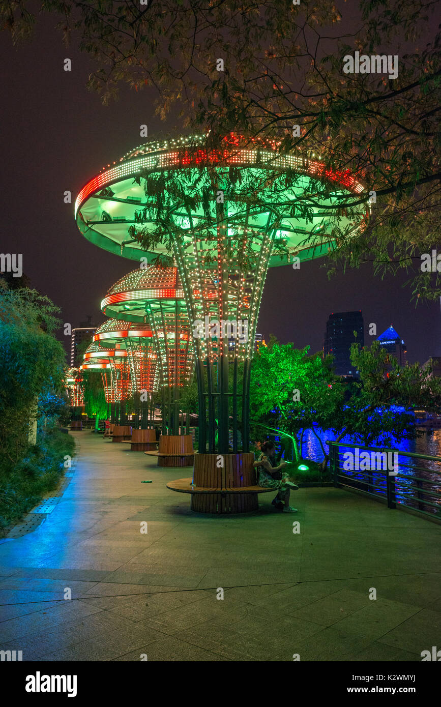 Beleuchtete LED-Pilze, Wulin Square, Hangzhou Nacht, Reiseziel Stockfoto