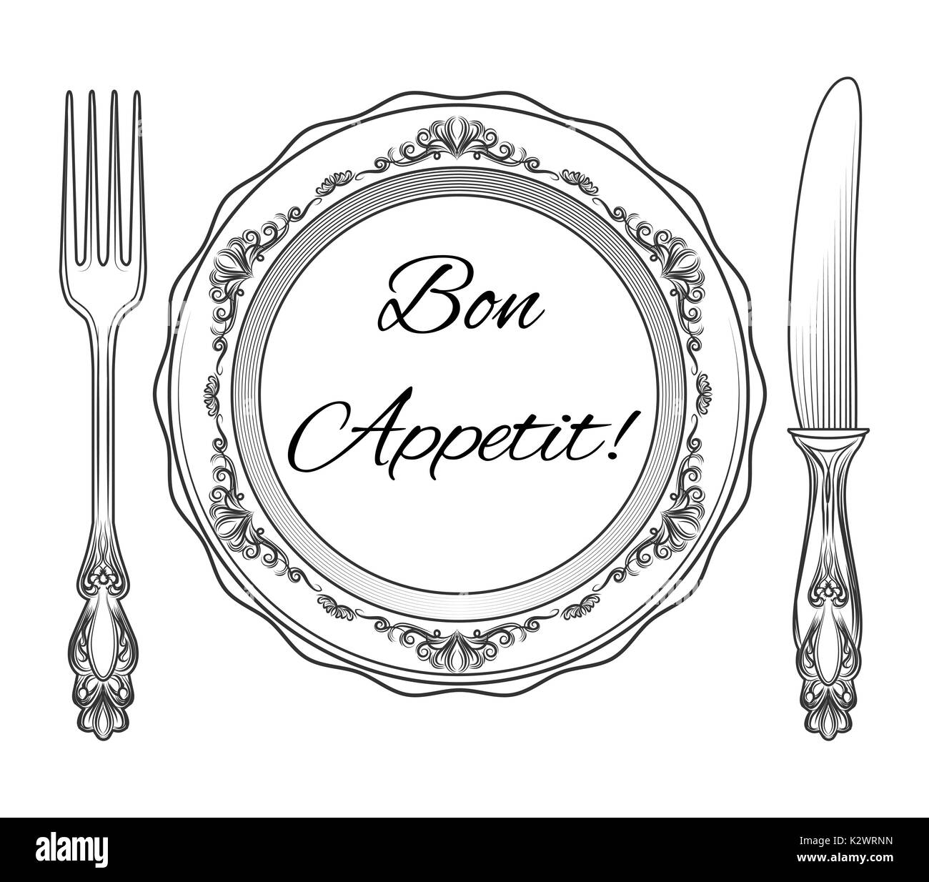 Bon Appetit. Platte Messer und Gabel. Vector Illustration Stock Vektor