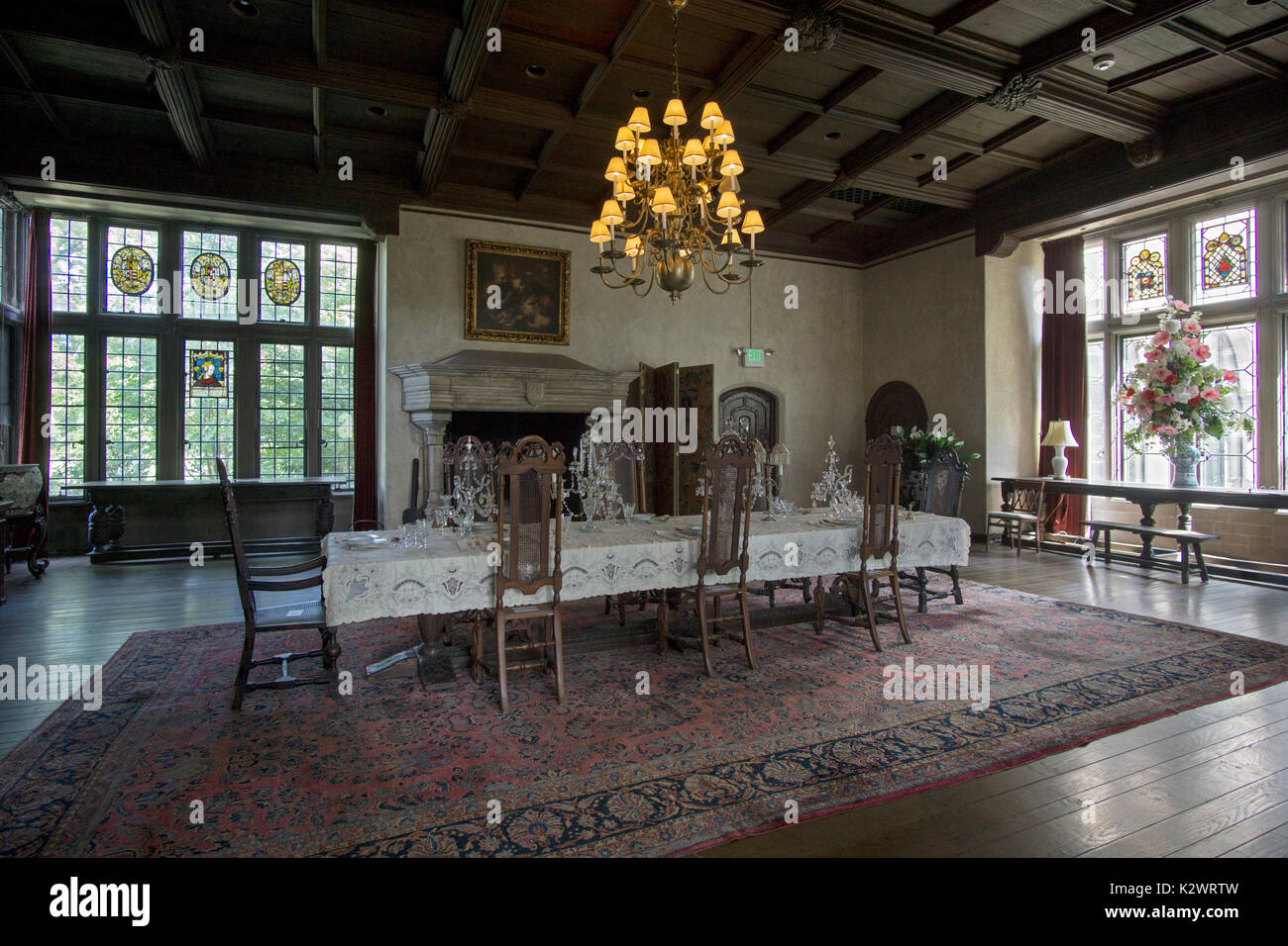 Der Speisesaal am 67 Zimmer Coe Halle an der Bepflanzung Felder Arboretum in Oyster Bay, Long Island, New York. Stockfoto