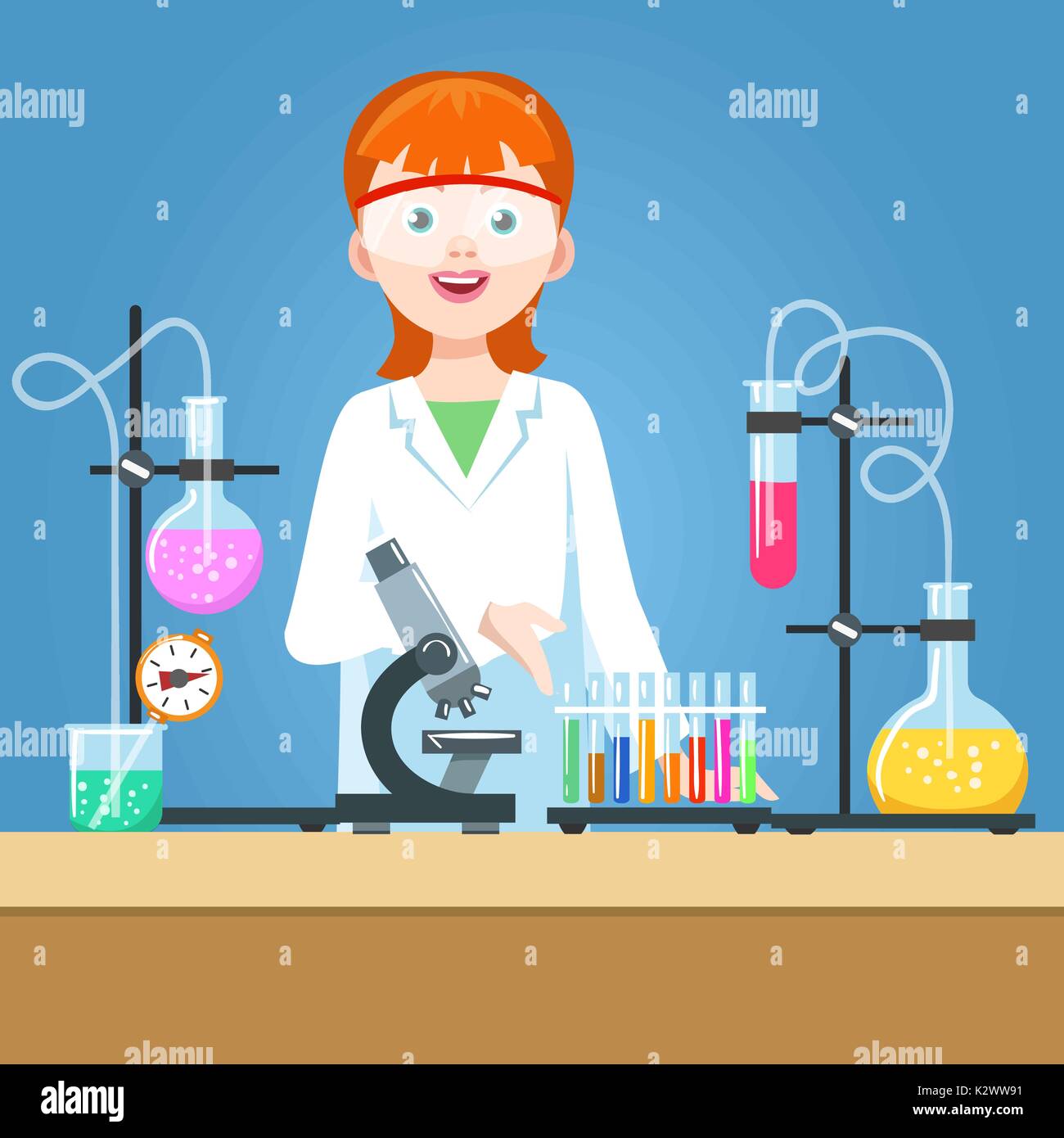 Chemie experiment Vector Illustration. Mädchen Wissenschaftler im Labor Stock Vektor