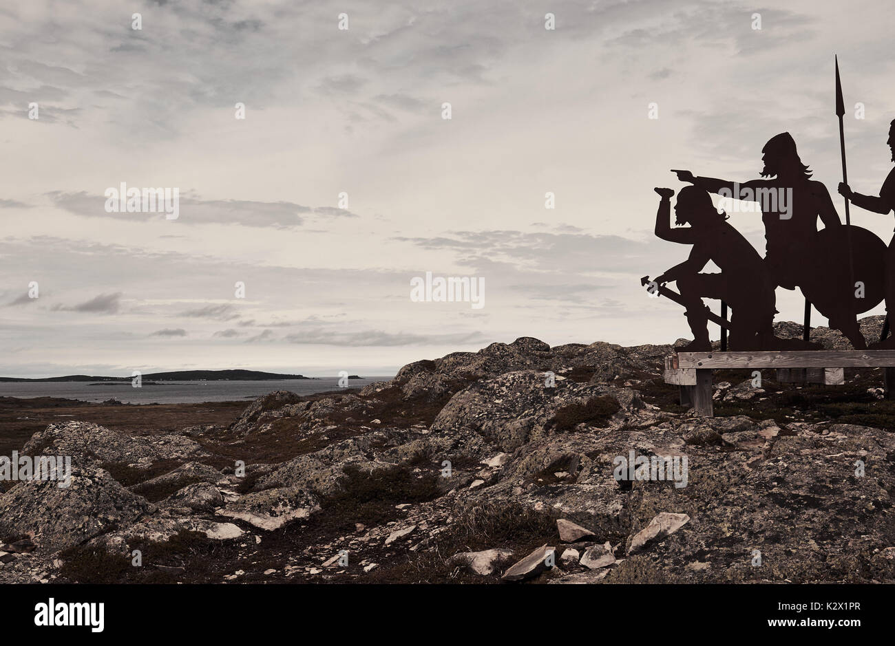 Nordischen Figuren Skulptur von Karen Van Niekerk, L'Anse aux Meadows UNESCO Weltkulturerbe, Neufundland, Kanada. Stockfoto