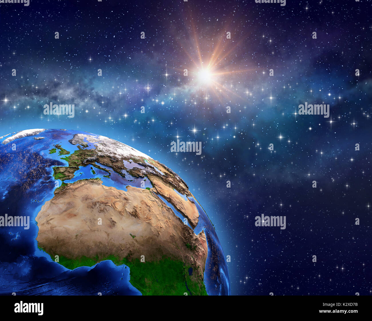 Planet Erde im Weltraum, star Cluster, Milchstraße und helle Sonne weit hinter - 3D-Illustration - Elemente dieses Bild von der NASA eingerichtet, glänzend Stockfoto