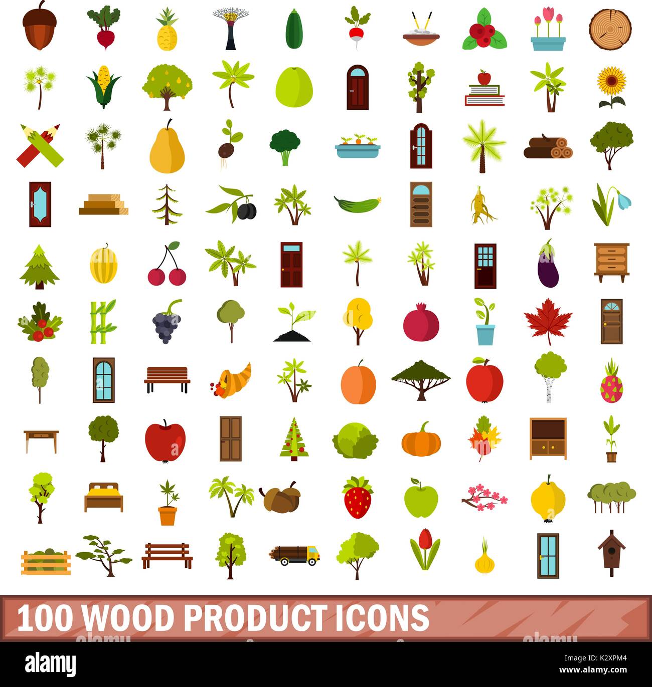 100 holz Produkt Icons, flacher Stil Stock Vektor