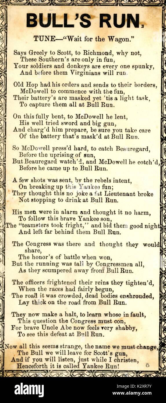 Breitseite aus dem amerikanischen Bürgerkrieg, der den Titel "Bull's", erzählt die Geschichte von Konföderierten Sieg in der Schlacht von Bull Run, Virginia, 1861. Stockfoto