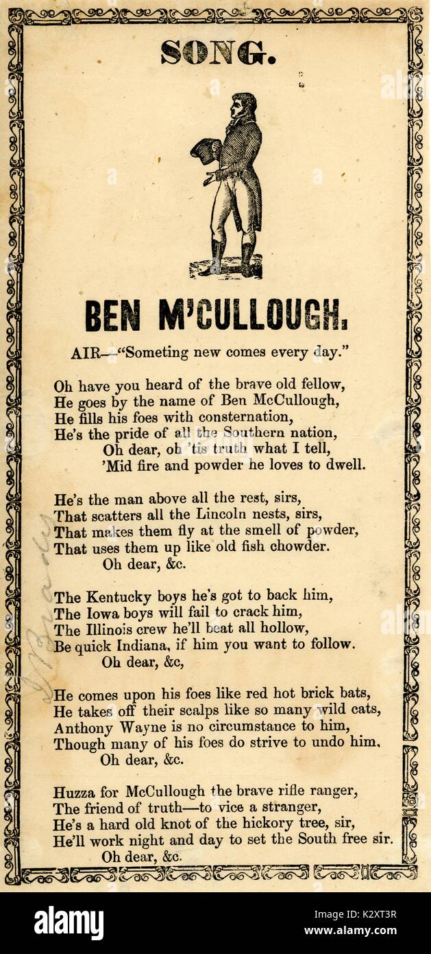 Breitseite aus dem amerikanischen Bürgerkrieg, der den Titel "Ben M'Cullough, für die Tapferkeit der Konföderierte Brigadegeneral Ben McCulloch, 1861. Stockfoto
