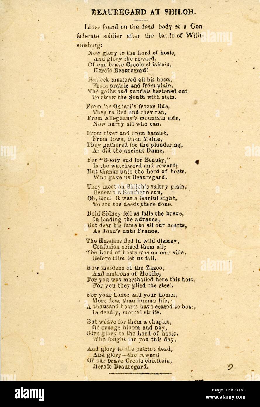 Breitseite aus dem amerikanischen Bürgerkrieg, der den Titel "Beauregard in Silo, für die Konföderierten general P.G.T. Beauregard und seine Tapferkeit, 1824. Stockfoto