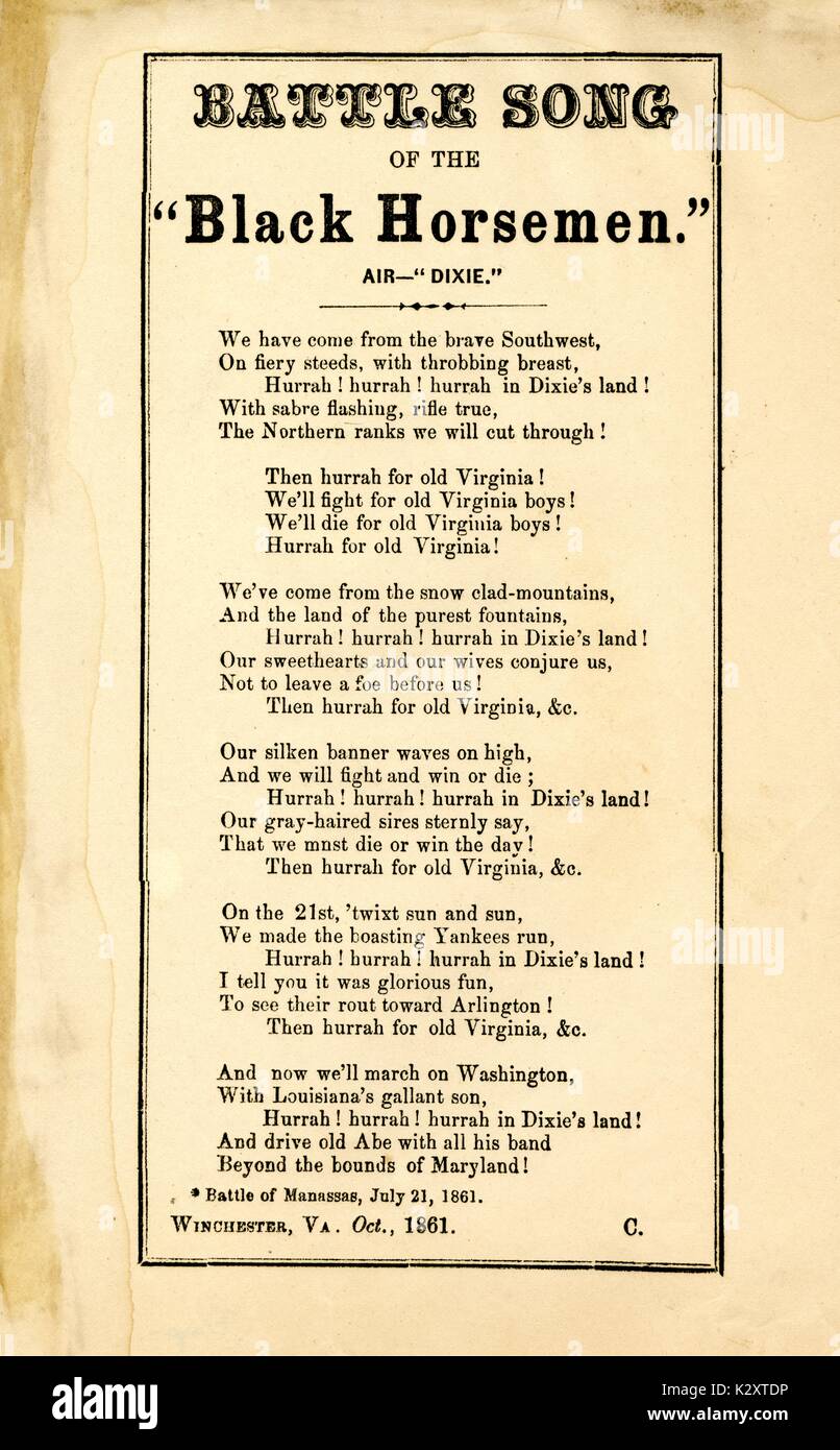 Breitseite aus dem amerikanischen Bürgerkrieg, der den Titel "Battle Song des "Schwarzen Reiter", ein Schlachtruf für die Konföderation nach dem Sieg der ersten Schlacht von Bull Run, Winchester, Virginia, 1861. Stockfoto