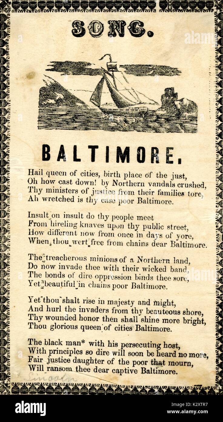 Breitseite aus dem amerikanischen Bürgerkrieg, der den Titel "Baltimore", Anzeige von Text zu einem Lied, das die Union Armee verunglimpft und verherrlicht Baltimore. 1863. Stockfoto