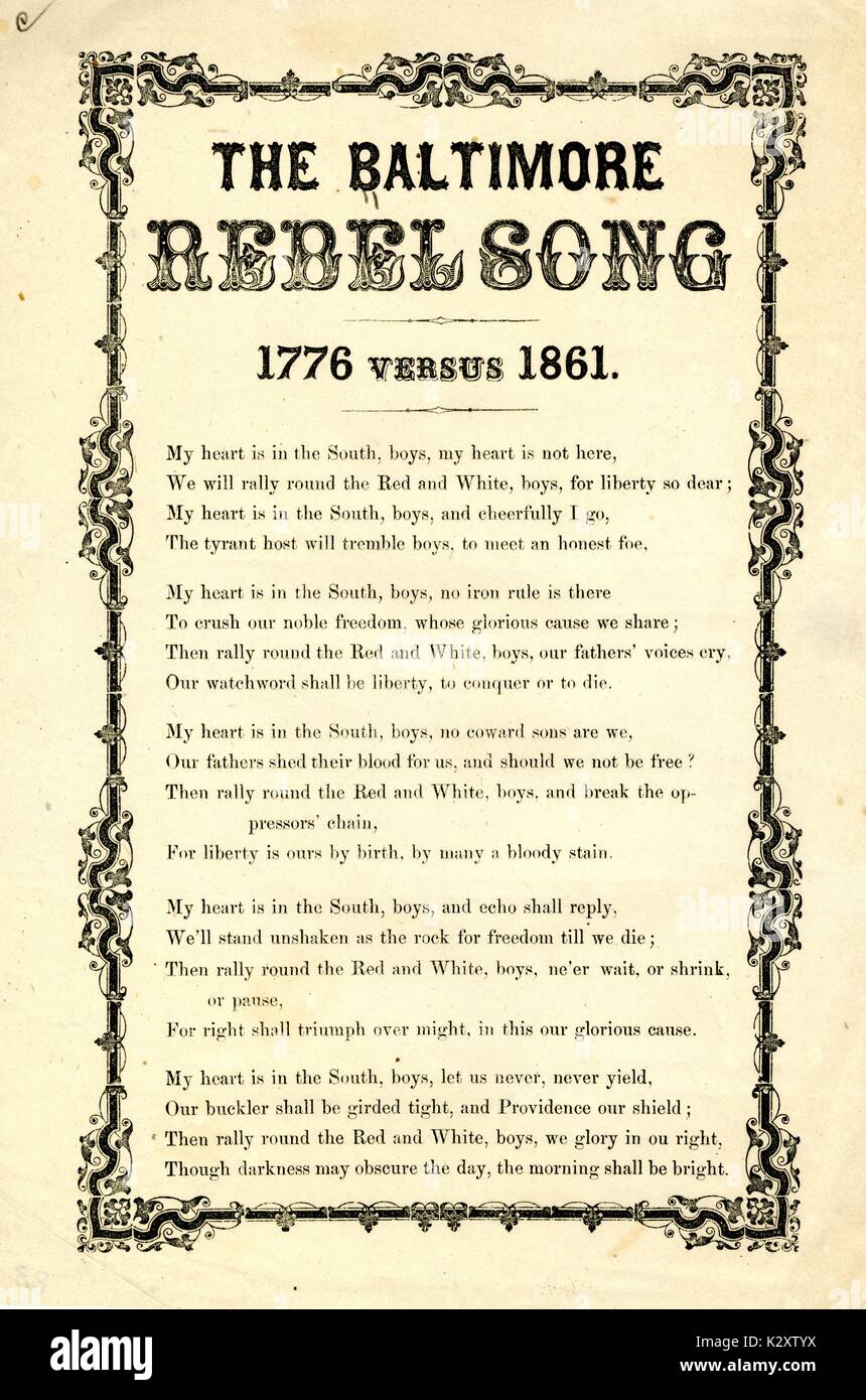 Breitseite aus dem amerikanischen Bürgerkrieg, der den Titel "Die Baltimore Rebel Song', die sich für Anhänger der Konföderation, die in Baltimore, 1861. Stockfoto