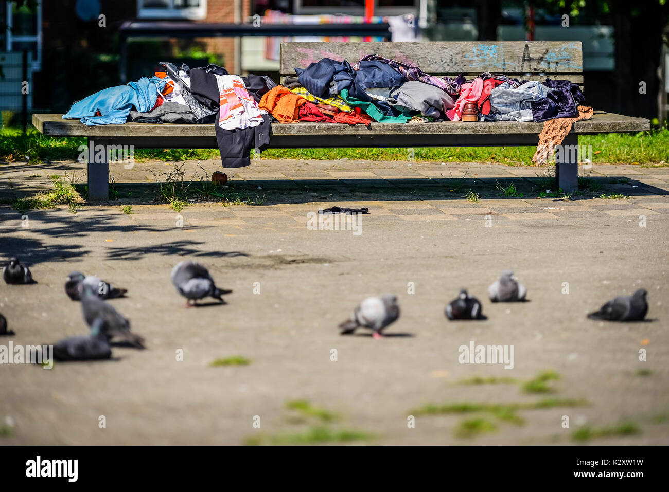 Sitzbank mit Kleidung in der Mueggenburger Hafen von Eintrag in Veddel, Hamburg, Deutschland, Europa, Sitzbank mit Kleidung bin Mueggenburger Zollhafen in Veddel, Stockfoto