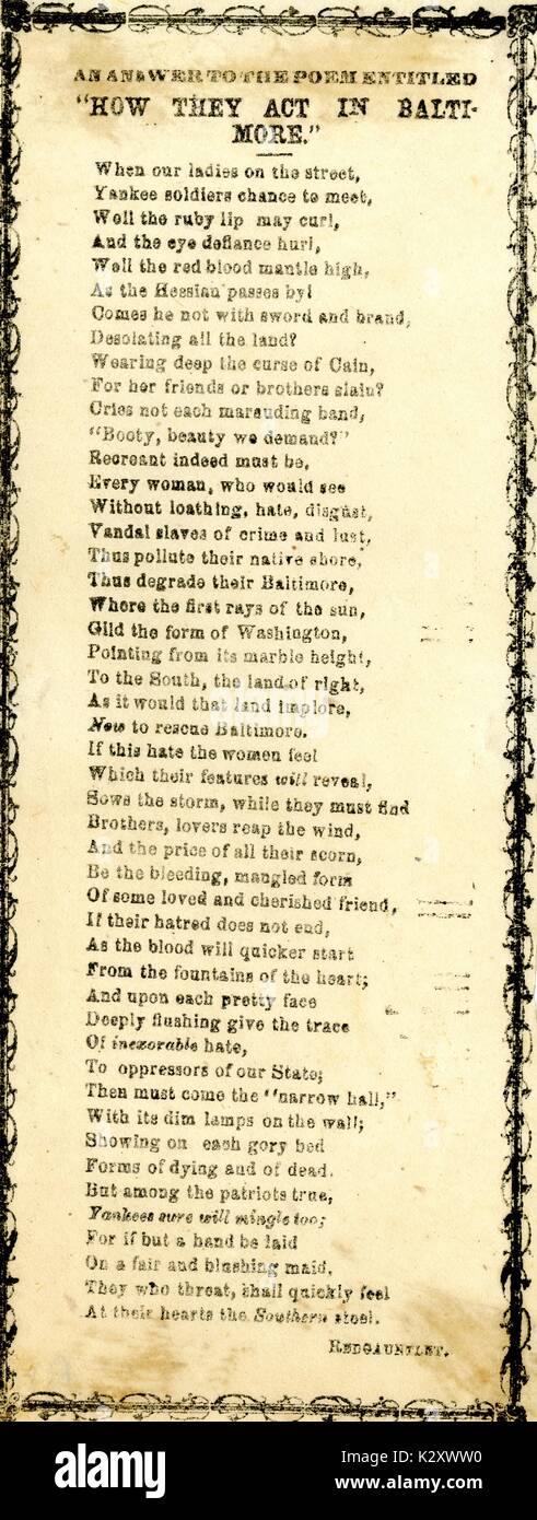 Breitseite aus dem amerikanischen Bürgerkrieg, der den Titel "Eine Antwort auf das Gedicht mit dem Titel "Wie sie Handeln in Baltimore'', beschreibt Union Soldaten gehen nach Baltimore und ihr Interesse an die Frauen, die Männer sind, die die Union nicht mögen, weil sie im Norden sind. 1863. Stockfoto
