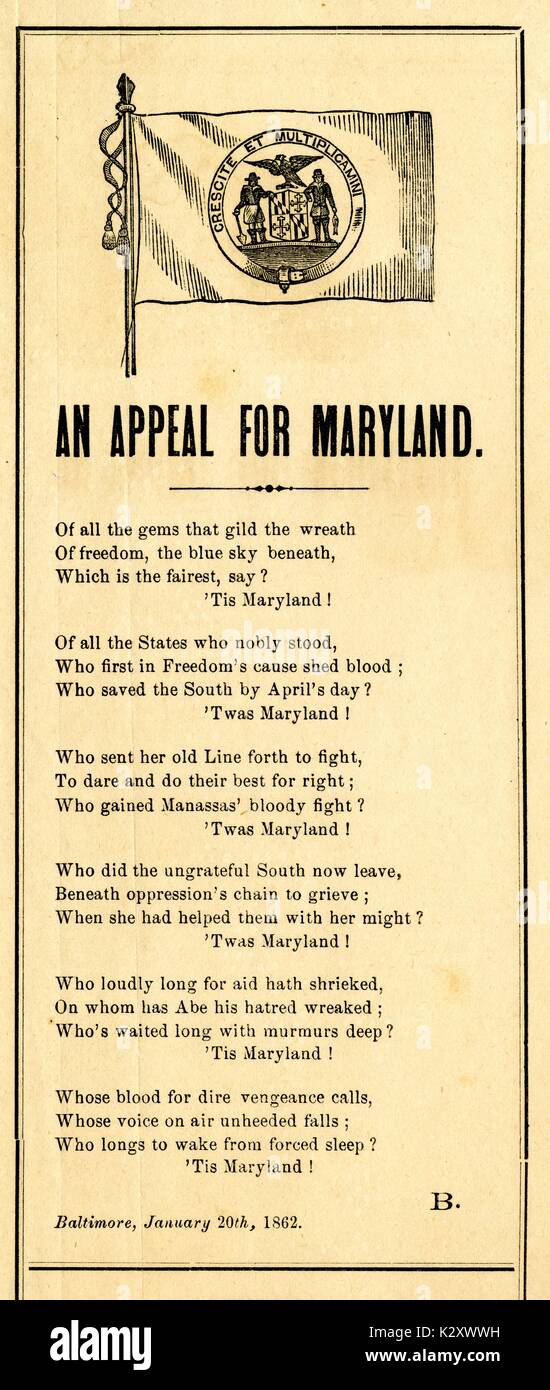 Breitseite aus dem amerikanischen Bürgerkrieg, der den Titel "Ein Appell für Maryland", beschreibt die Gründe Maryland verdient Lob für seine Rolle im Krieg, Baltimore, Maryland. 1862. Stockfoto