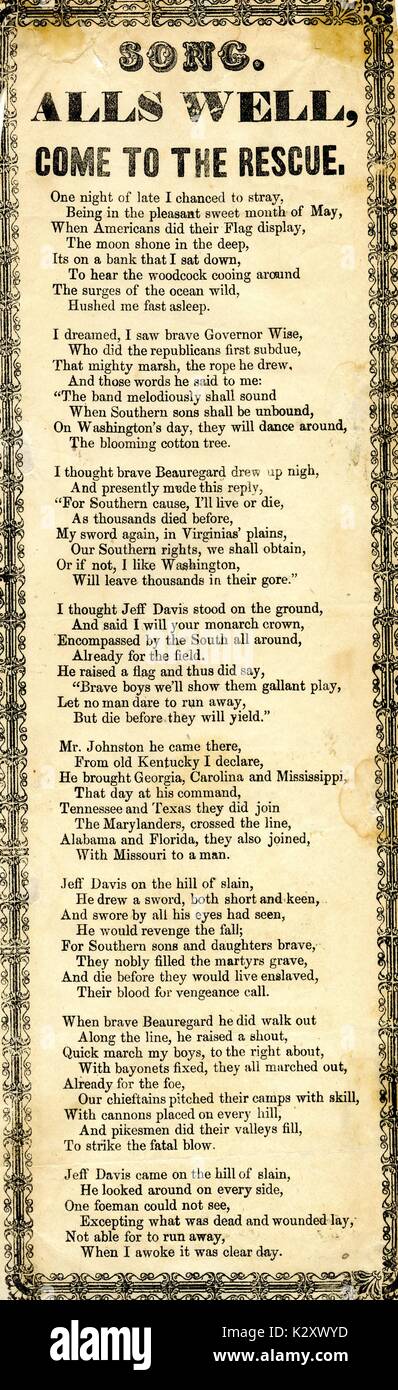 Breitseite aus dem amerikanischen Bürgerkrieg, der den Titel "Alls Gut, kommen Sie, um die Rettung", beschreibt einen Traum, in dem verschiedene verbündete Militärs und Politiker der Träumer gegen die Union Armee zu kämpfen inspirieren. 1863. Stockfoto